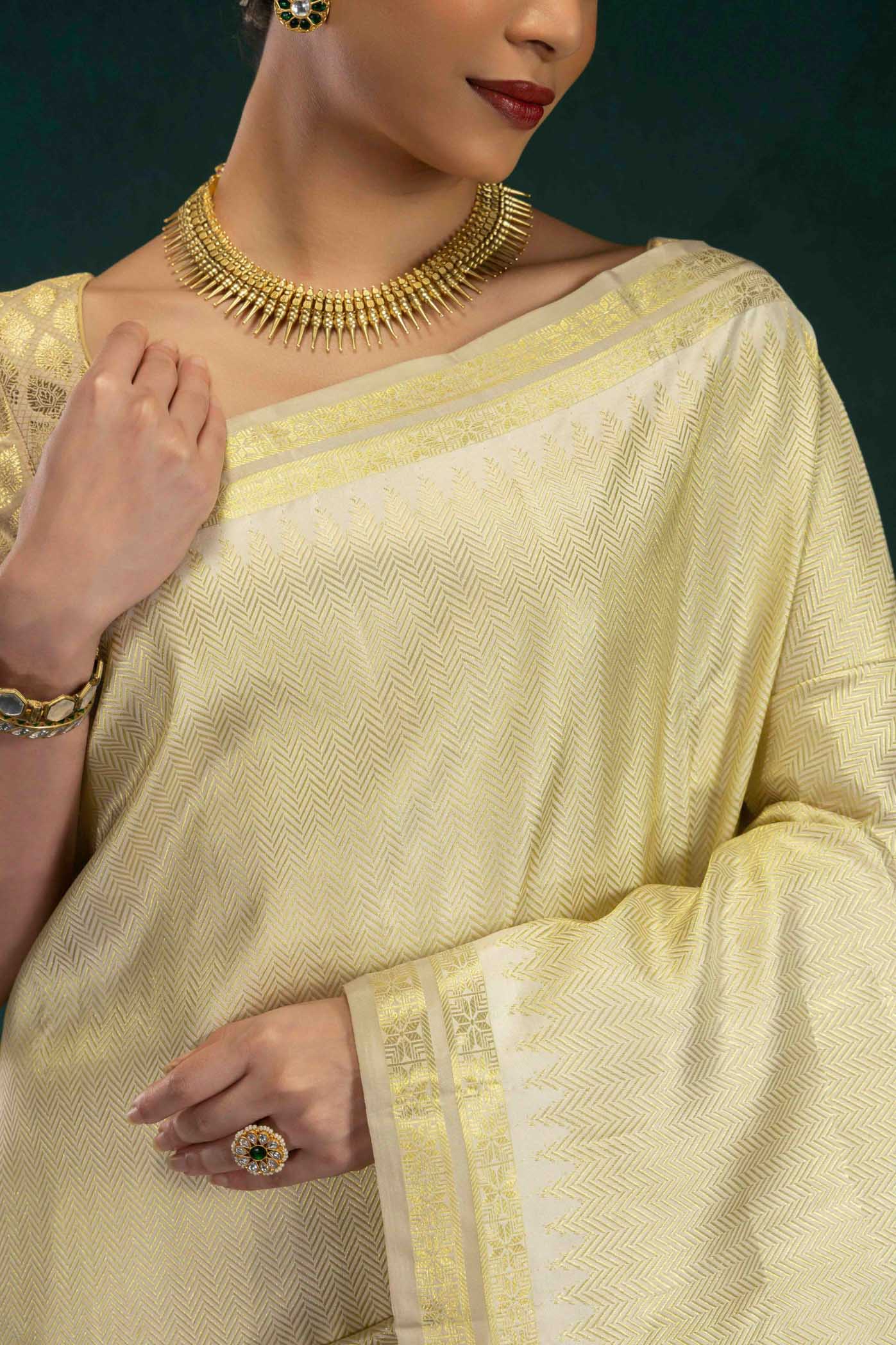 Rukmini-Off White Kanchipuram Silk Saree - Image 4