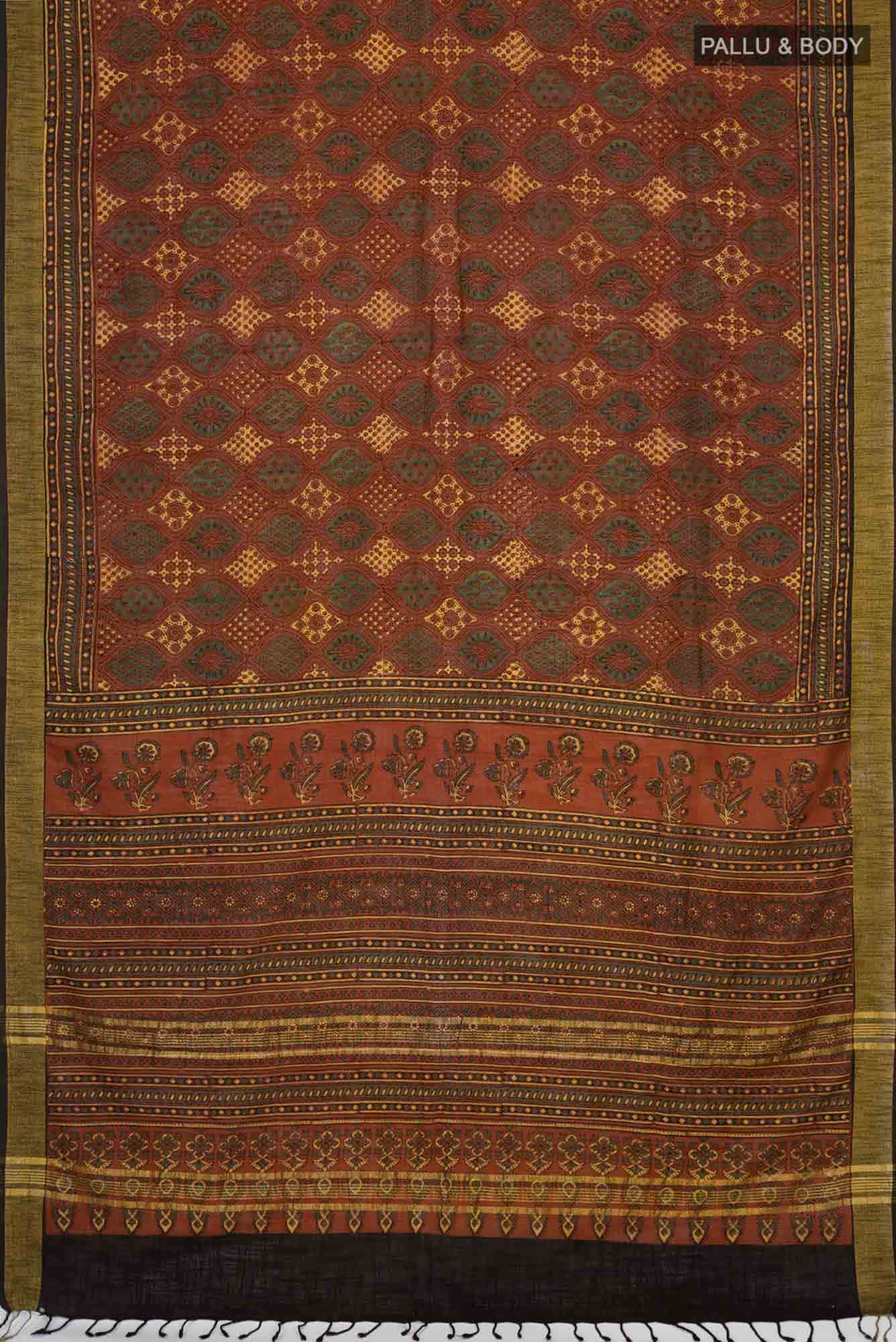 Rust Linen Cotton Saree - Image 3
