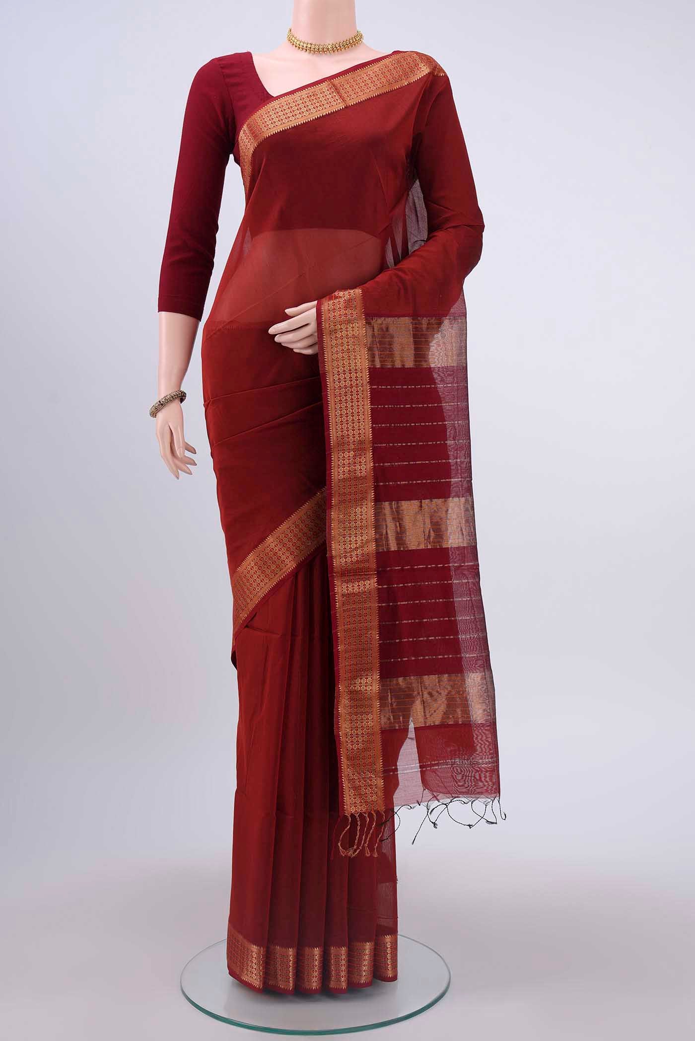 Rust Maheshwari Silk Cotton Saree