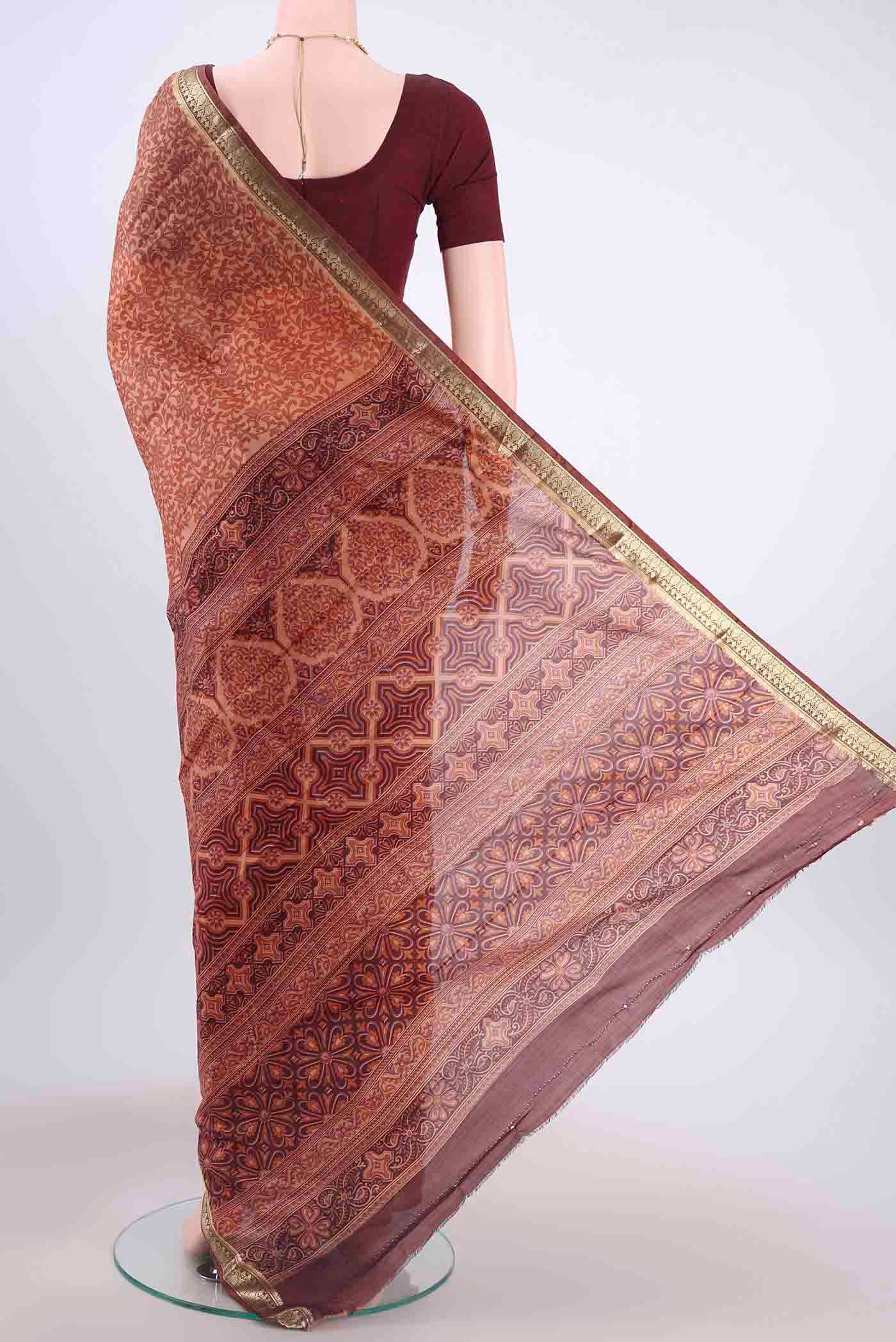 Rust Printed Silk Saree - Image 3