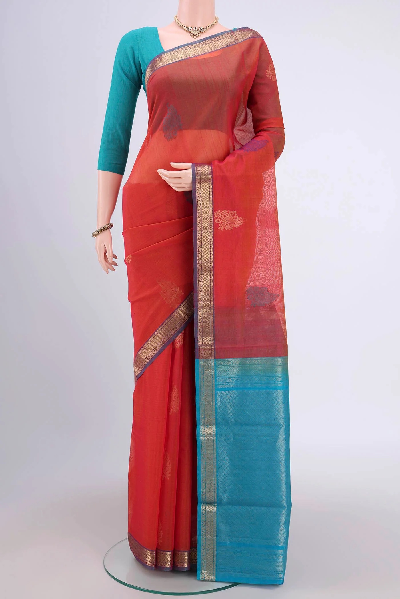 Pink with Orange Color Silk Cotton Saree