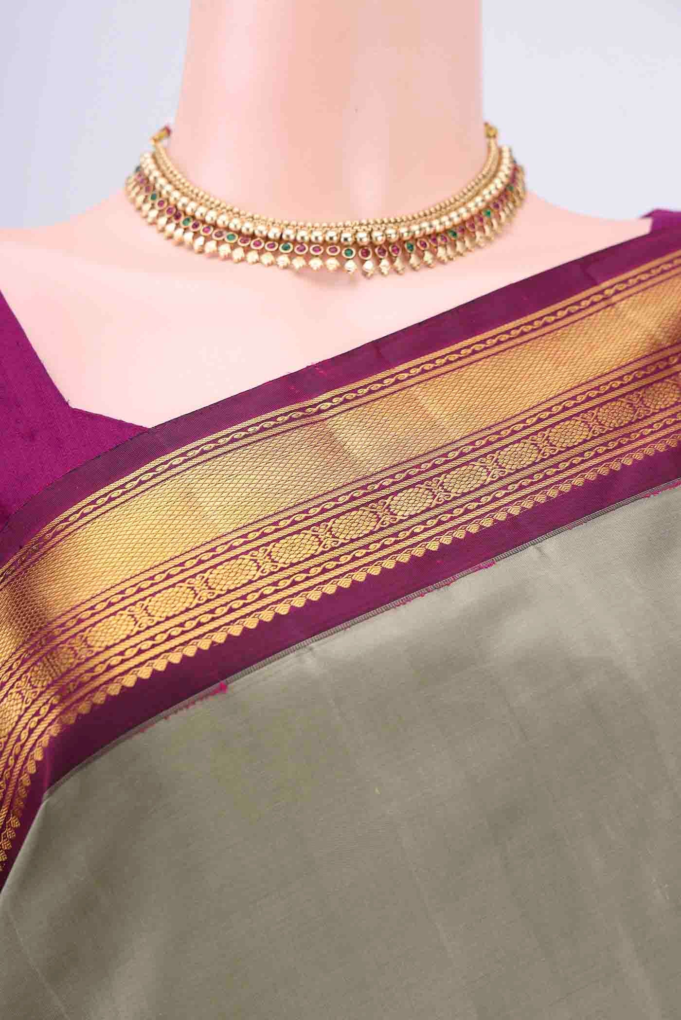 Pure Silk Pure Zari Grey Kanchipuram Saree - Image 2