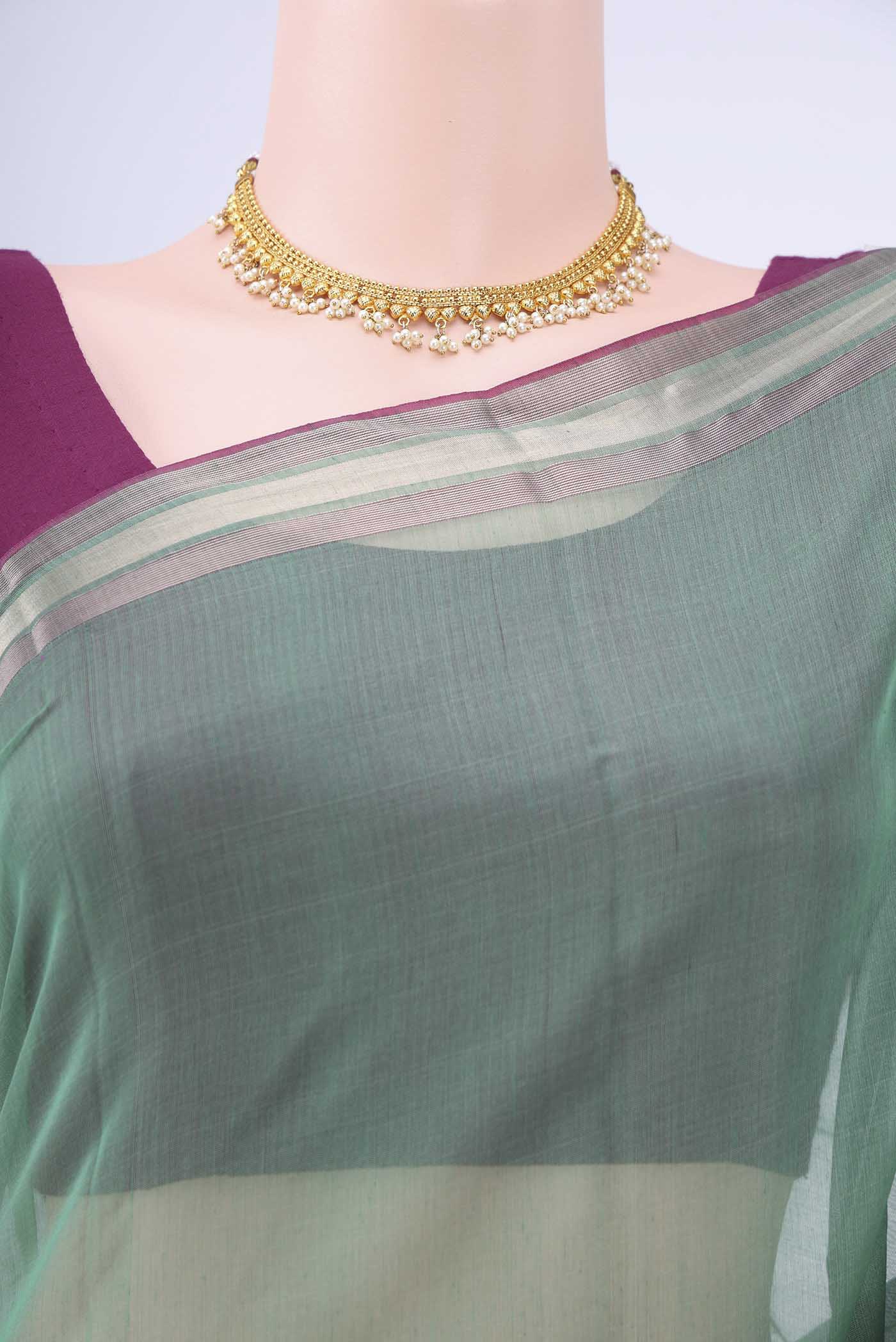 Sage Green Kora Cotton Saree - Image 2