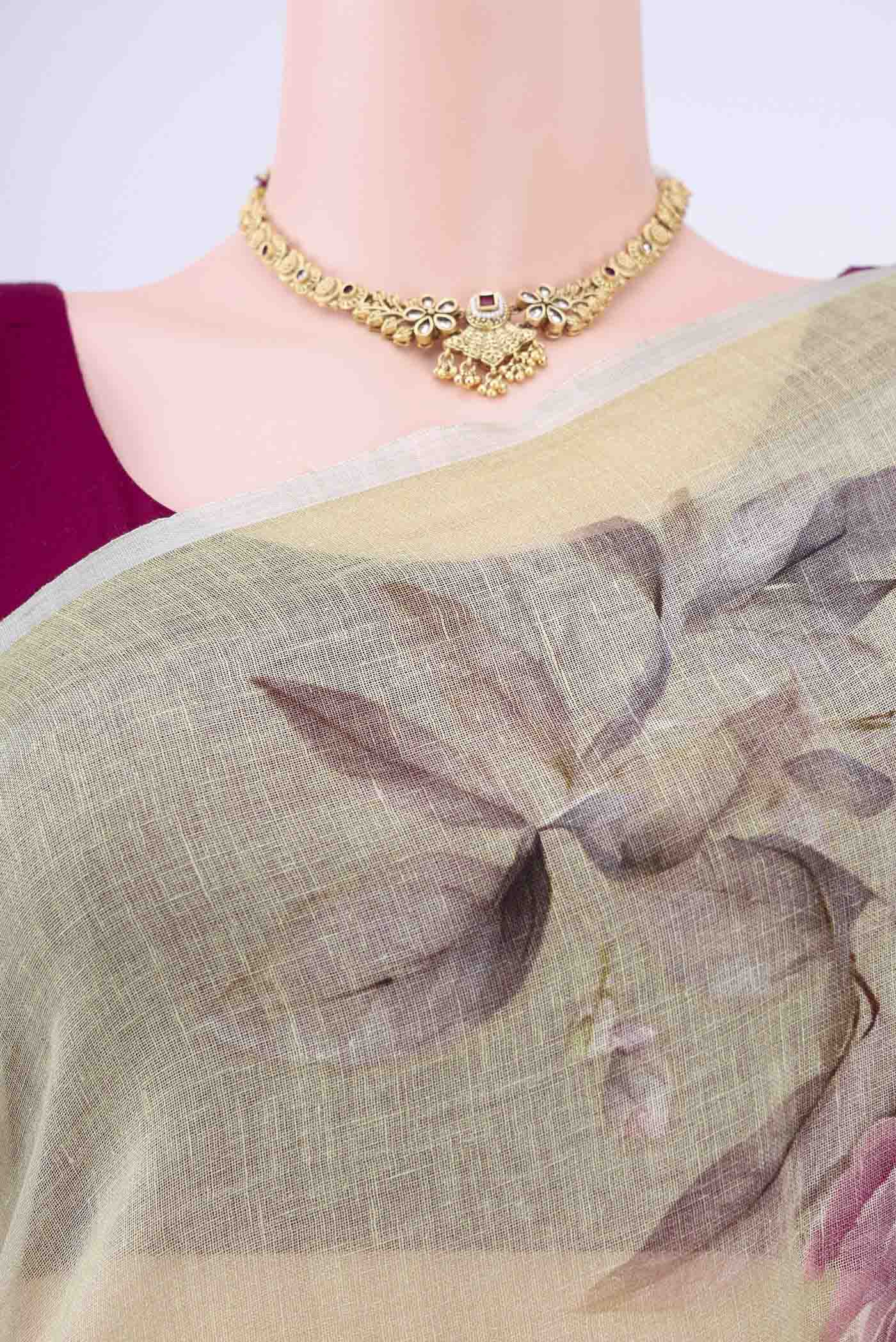 Sage Green Linen Saree - Image 2