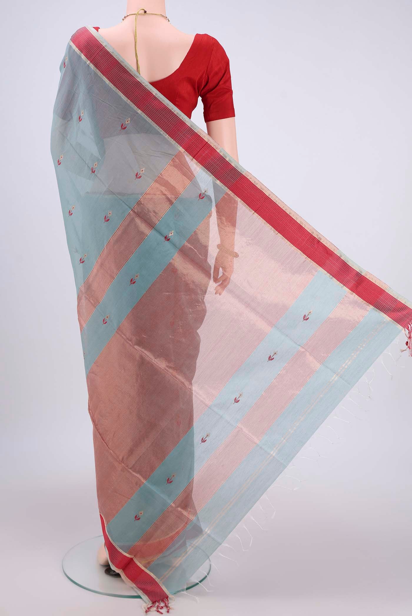 Grey Maheshwari Silk Cotton Saree - Image 3