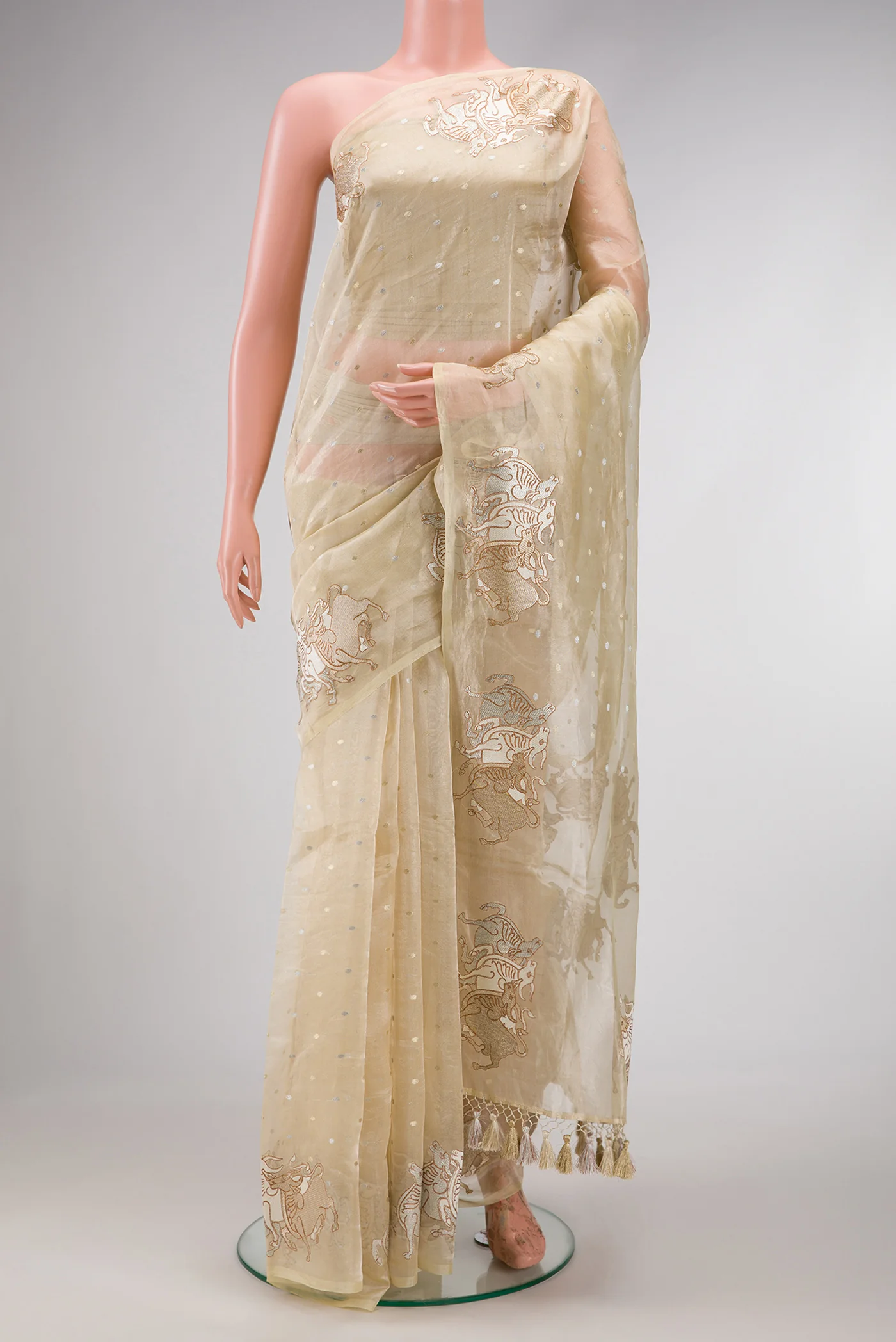 Cream Organza Silk Saree