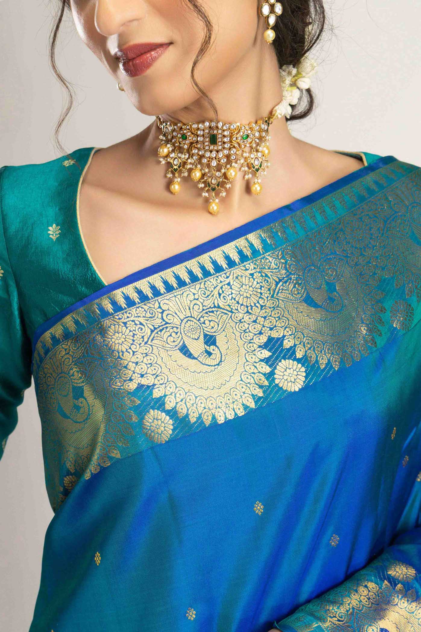Sandhya-Blue with Green Dual Tone Kanchipuram Silk Saree - Image 4
