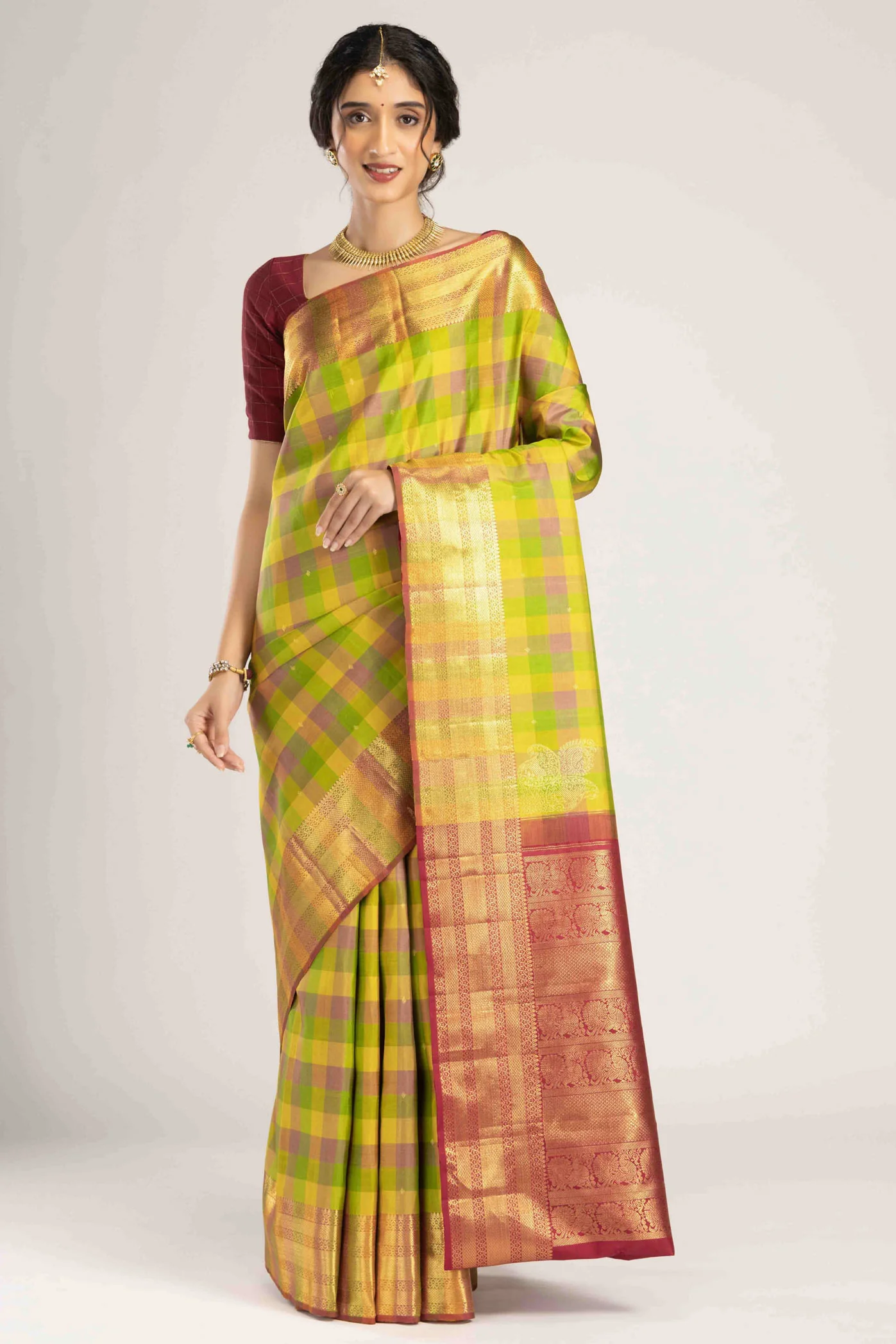 Saroja-Multi-Colored Checks Kanchipuram Silk Saree - Image 2