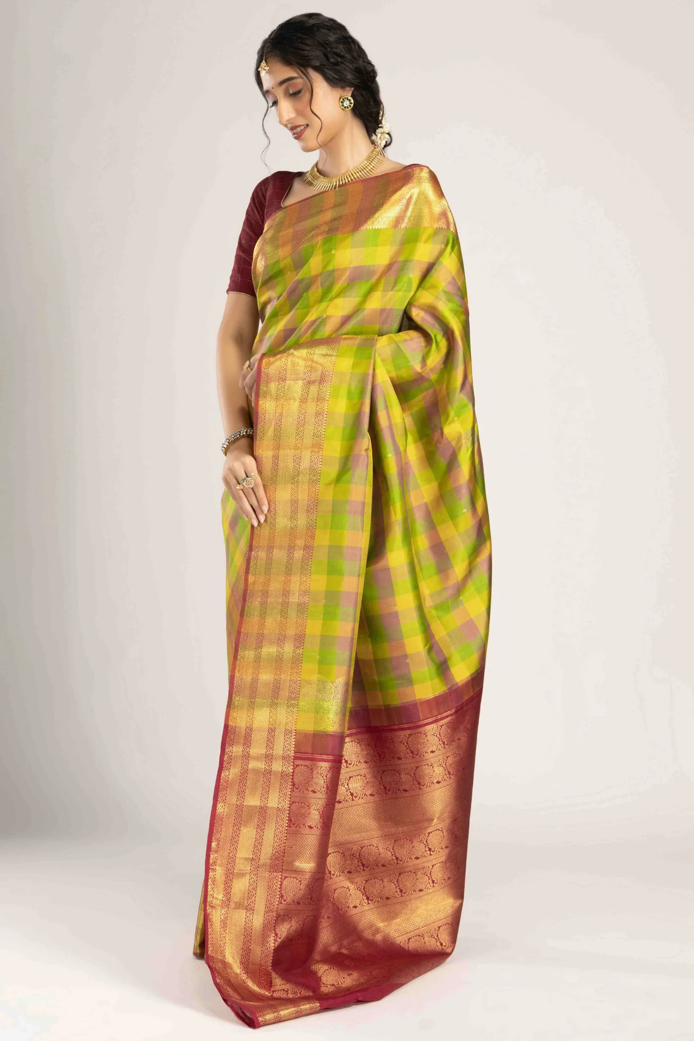 Saroja-Multi-Colored Checks Kanchipuram Silk Saree - Image 3