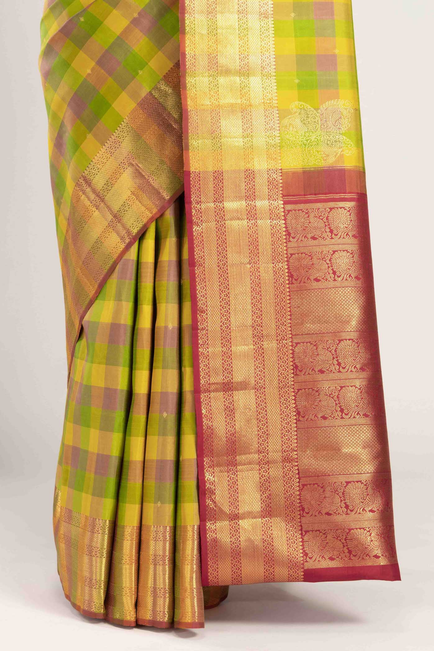 Saroja-Multi-Colored Checks Kanchipuram Silk Saree - Image 6