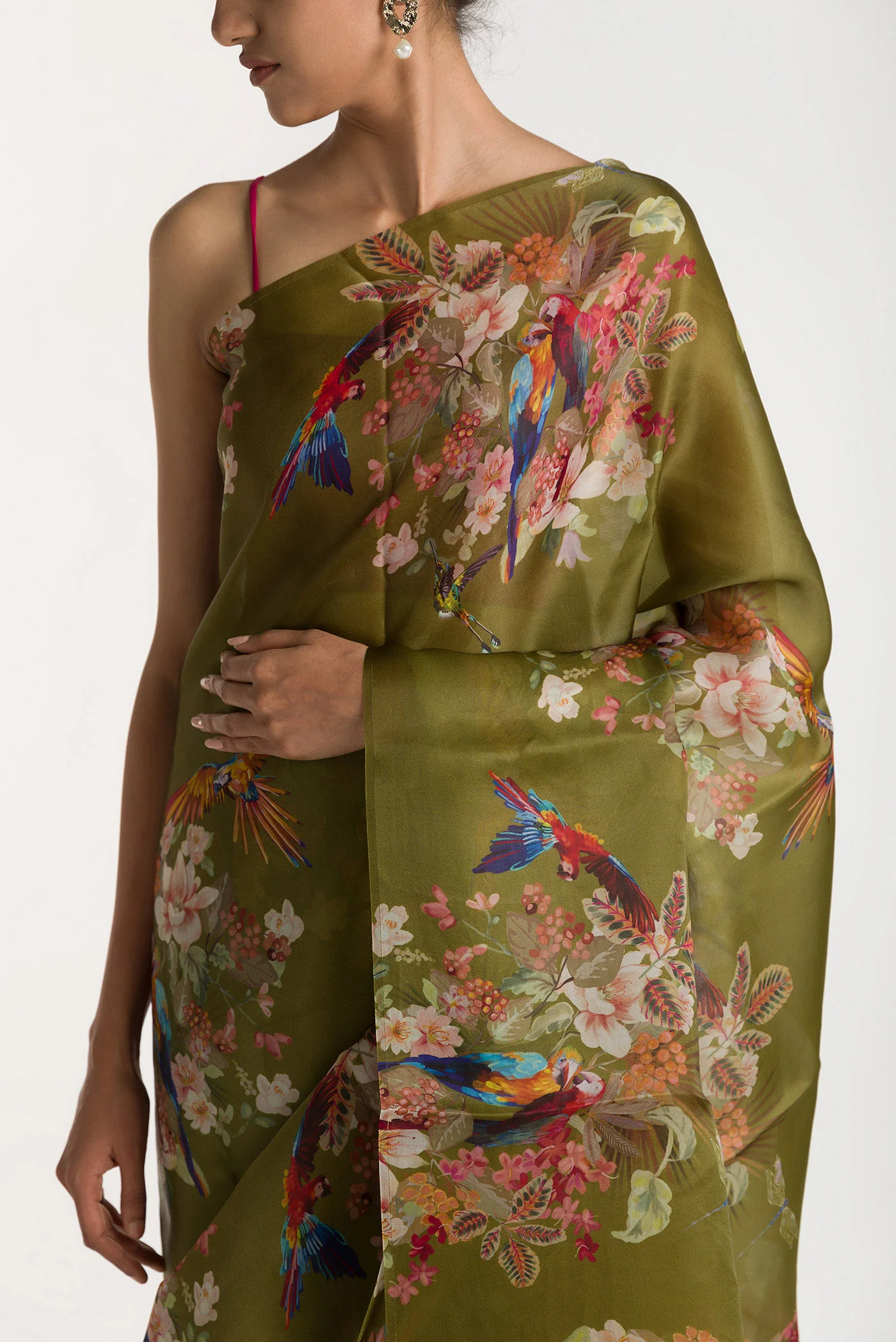 Scarlet Macaws- Olive Green Satin Organza Saree - Image 2