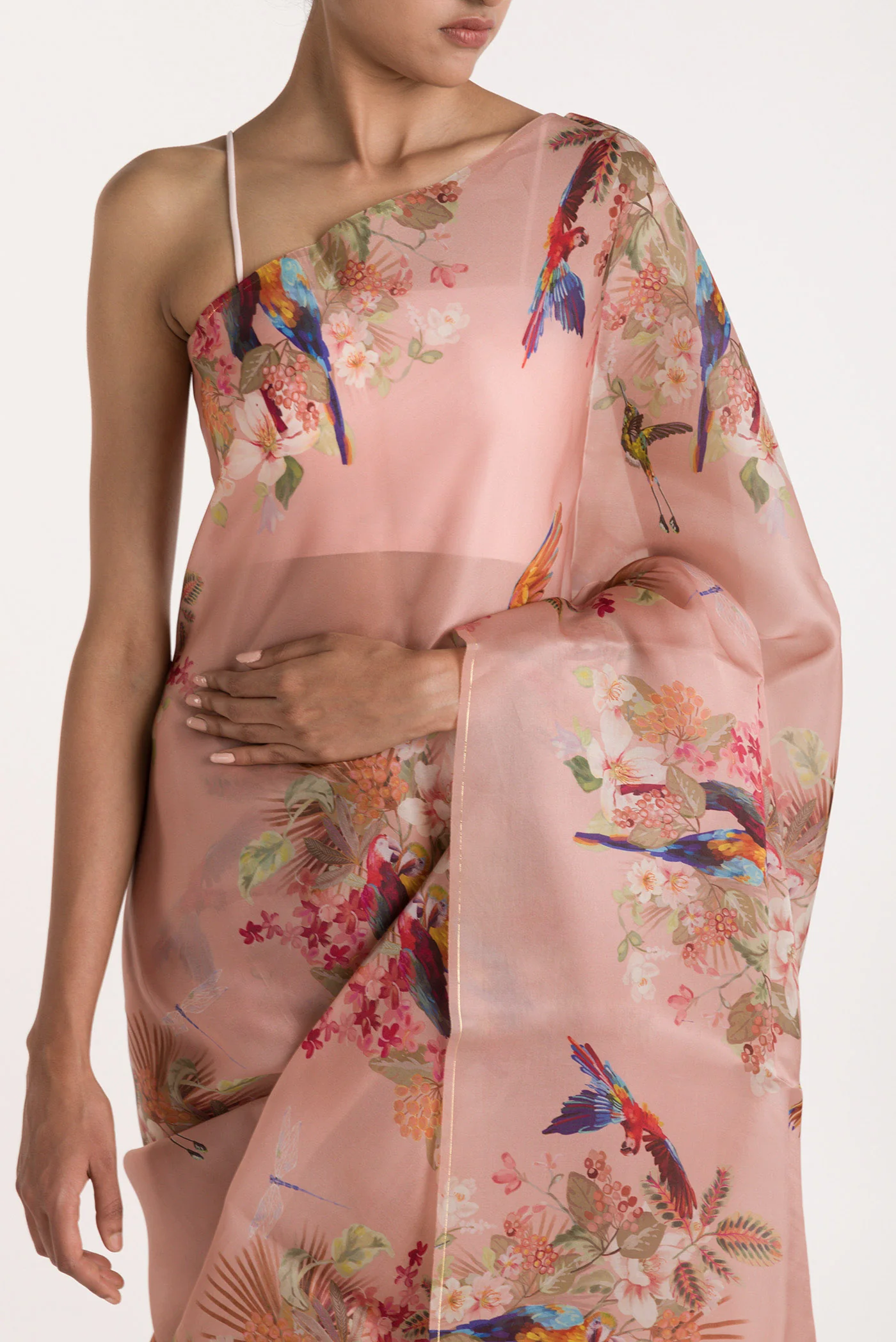 Scarlet Macaws-Peach Satin Organza Saree - Image 2