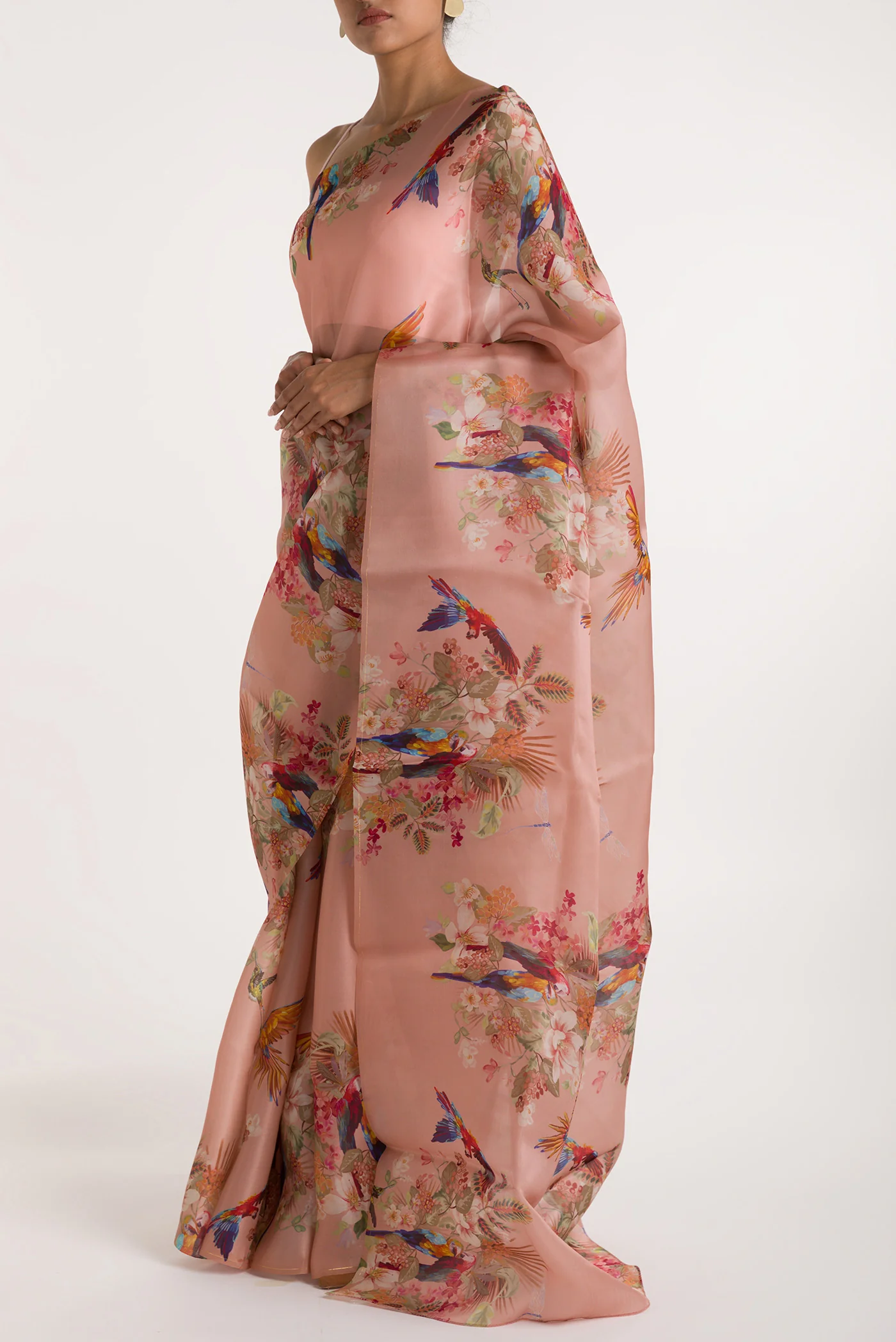 Scarlet Macaws-Peach Satin Organza Saree - Image 4