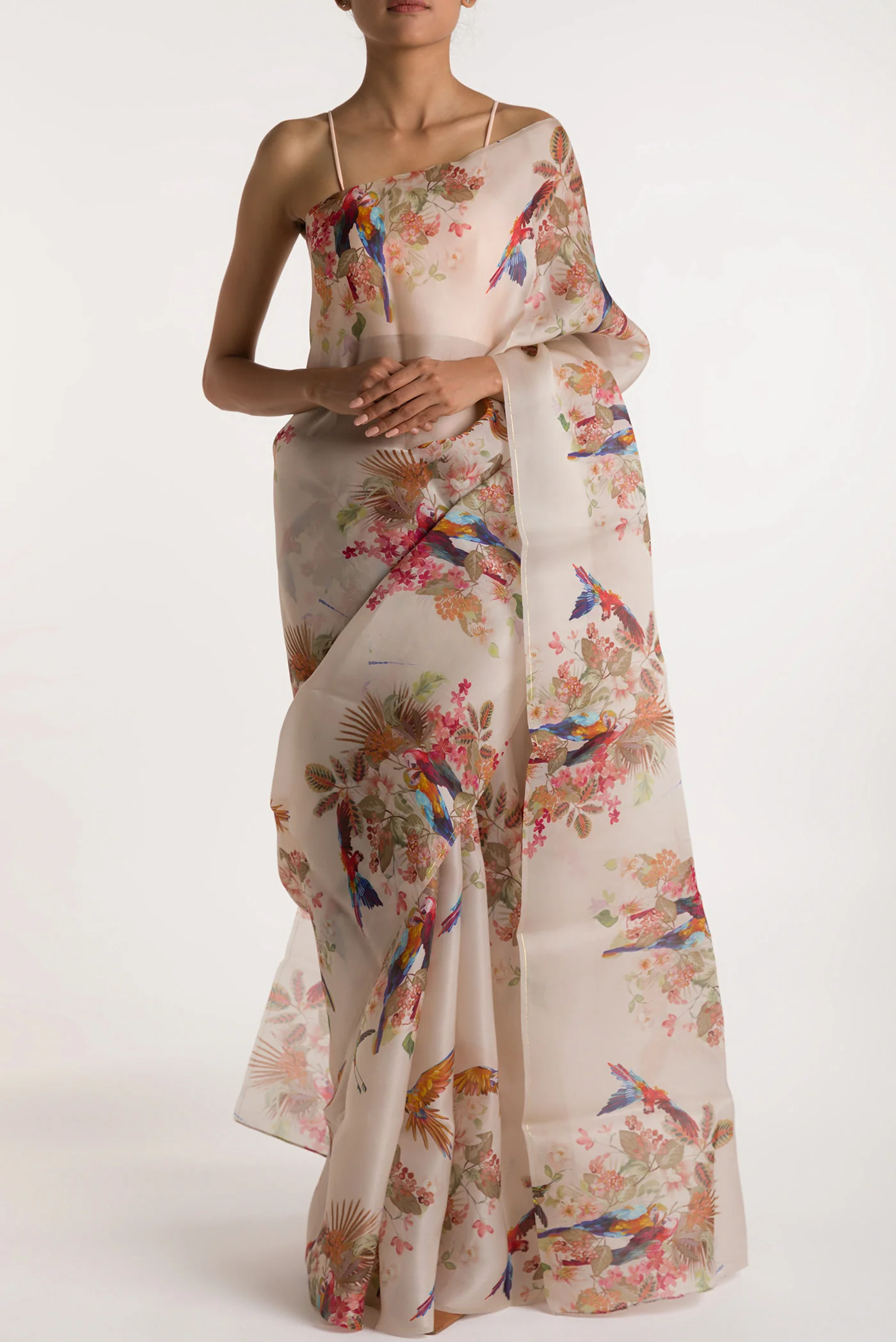 Scarlet Macaws-White Satin Organza Saree