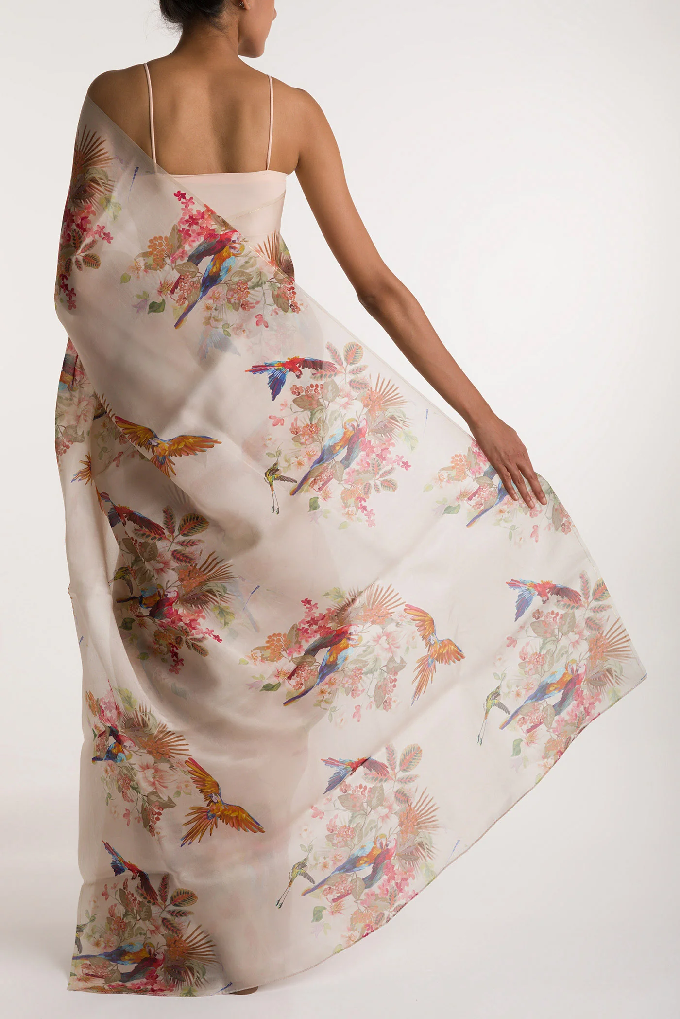 Scarlet Macaws-White Satin Organza Saree - Image 3