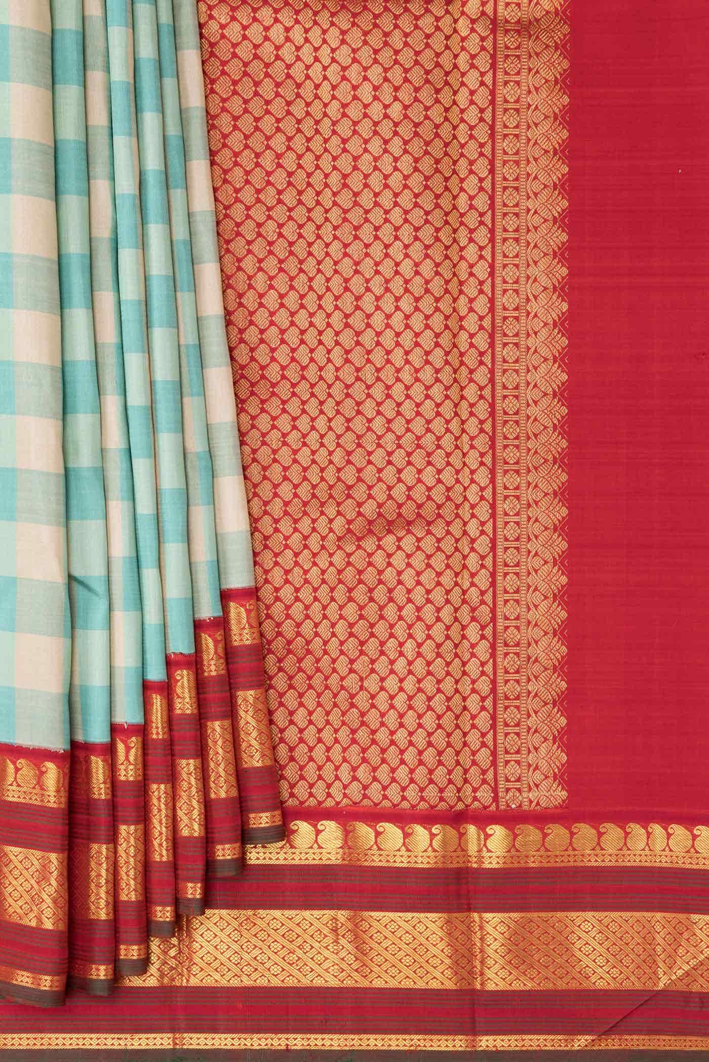 Pure Silk Pure Zari Sea Green and Sky Blue Dual Tone Kanjivaram Saree - Image 2