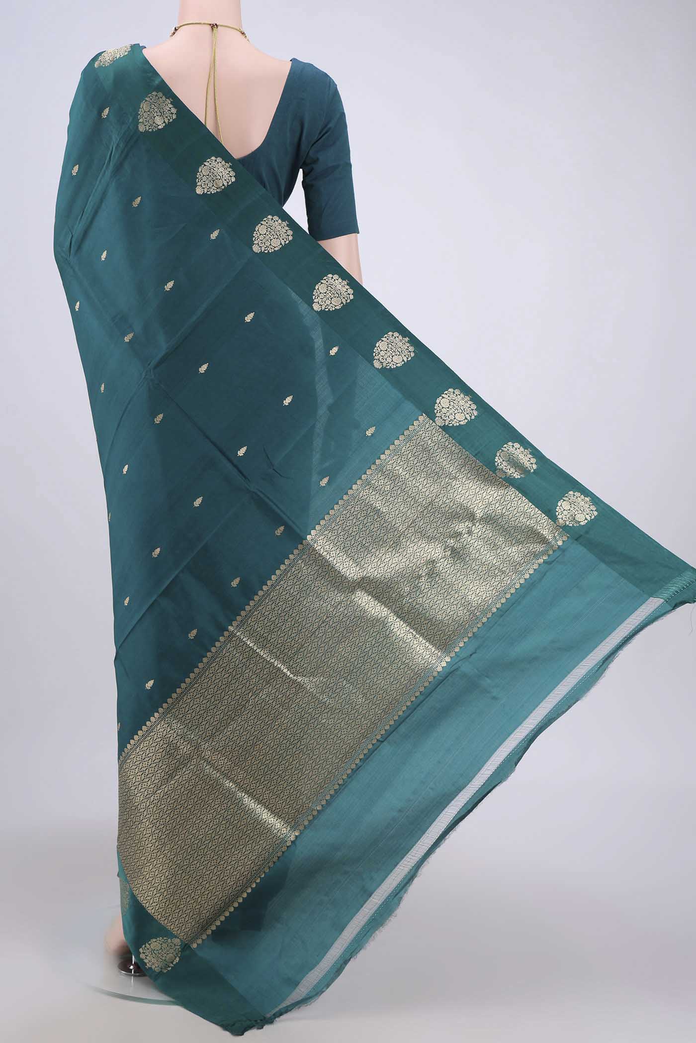 Teal Banarasi Katan Silk Saree - Image 3