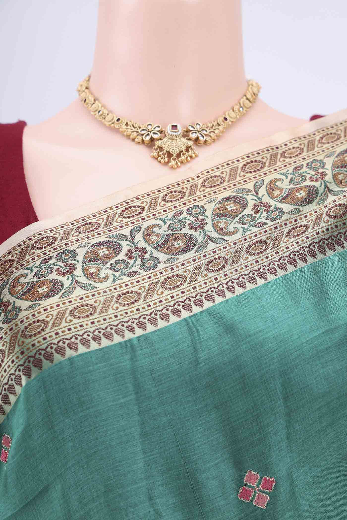 Turquoise Banarasi Tussar Silk Saree - Image 2