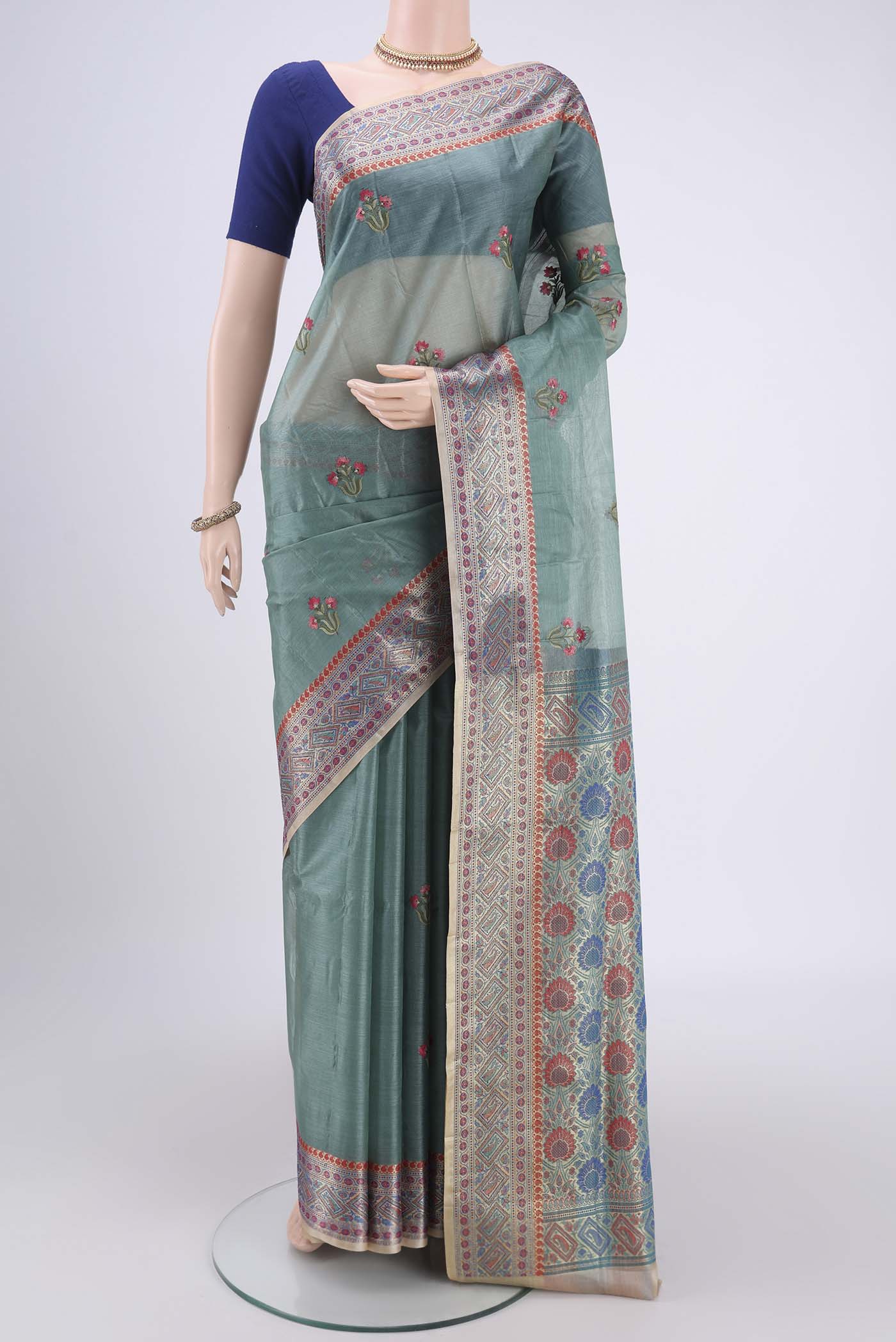 Blue Grey Banarasi Tussar Silk Saree