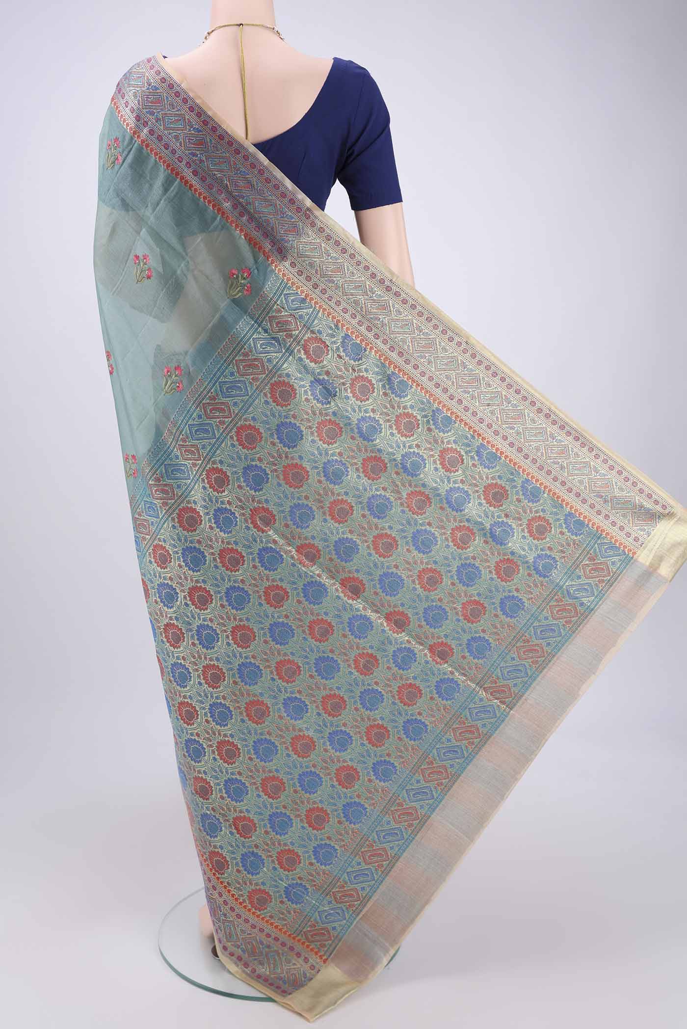 Blue Grey Banarasi Tussar Silk Saree - Image 3
