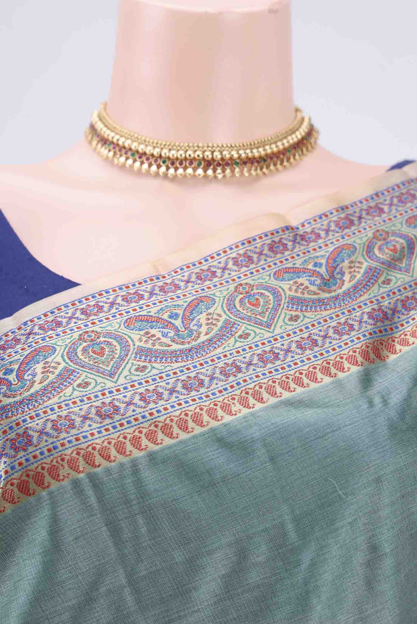 Blue Grey Banarasi Tussar Silk Saree - Image 2