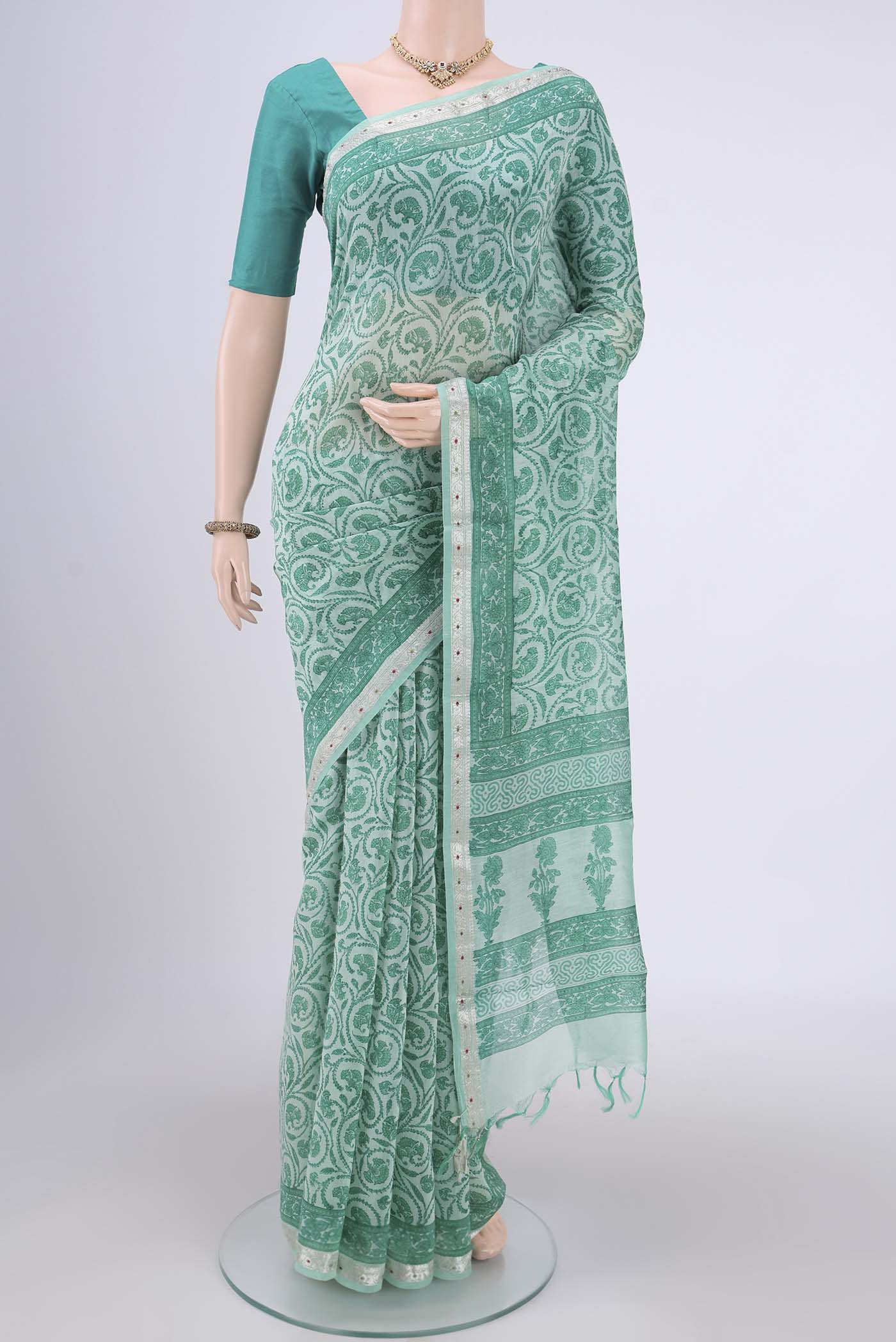 Sea Green Chanderi Silk Cotton Saree
