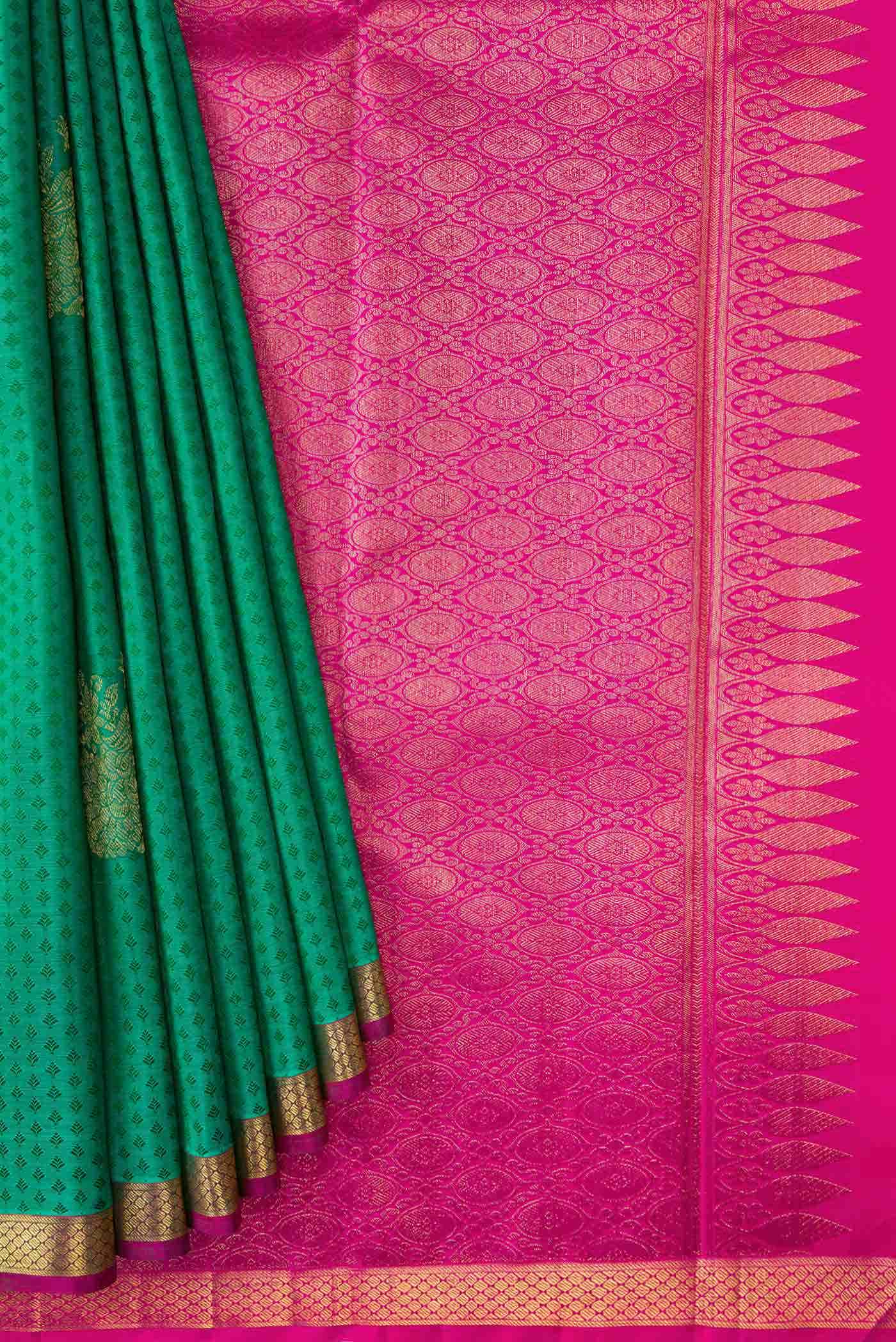 Pure Silk Pure Zari Sea Green Dual Tone Kanjivaram Saree - Image 2