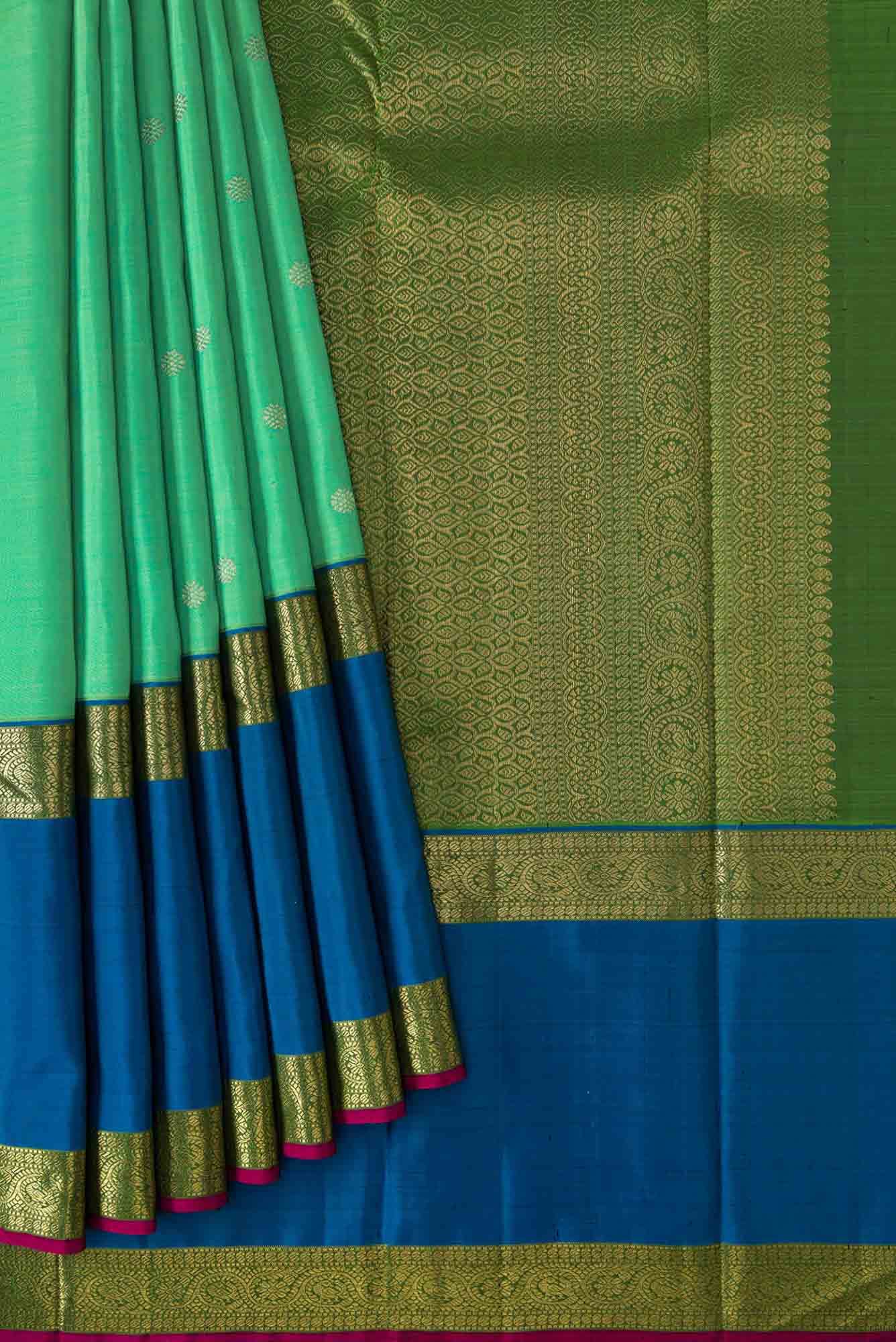 Pure Silk Pure Zari Sea Green Dual Tone Kanchipuram Saree - Image 2