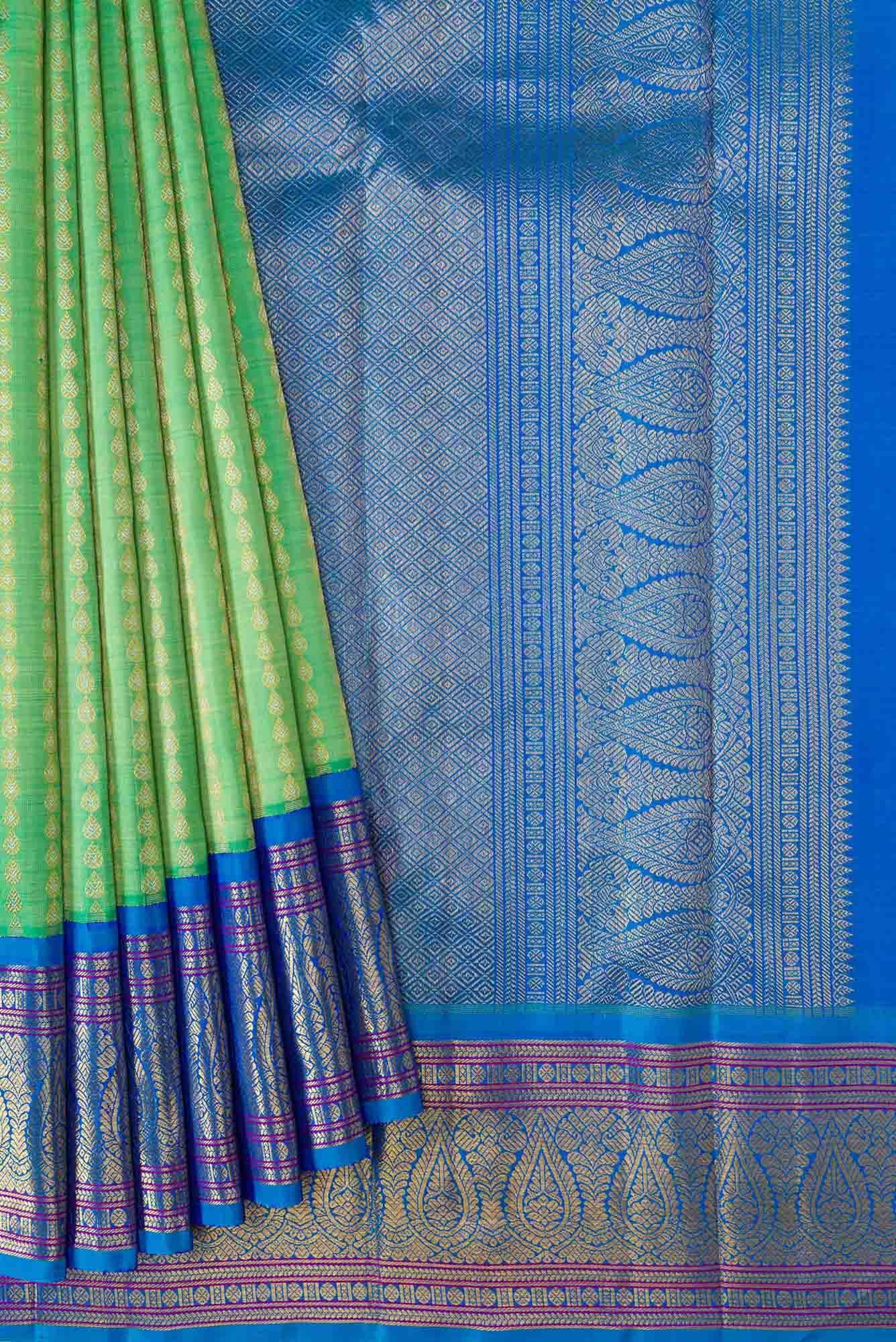 Pure Silk Pure Zari Sea Green Dual Tone Kanjivaram Saree - Image 2