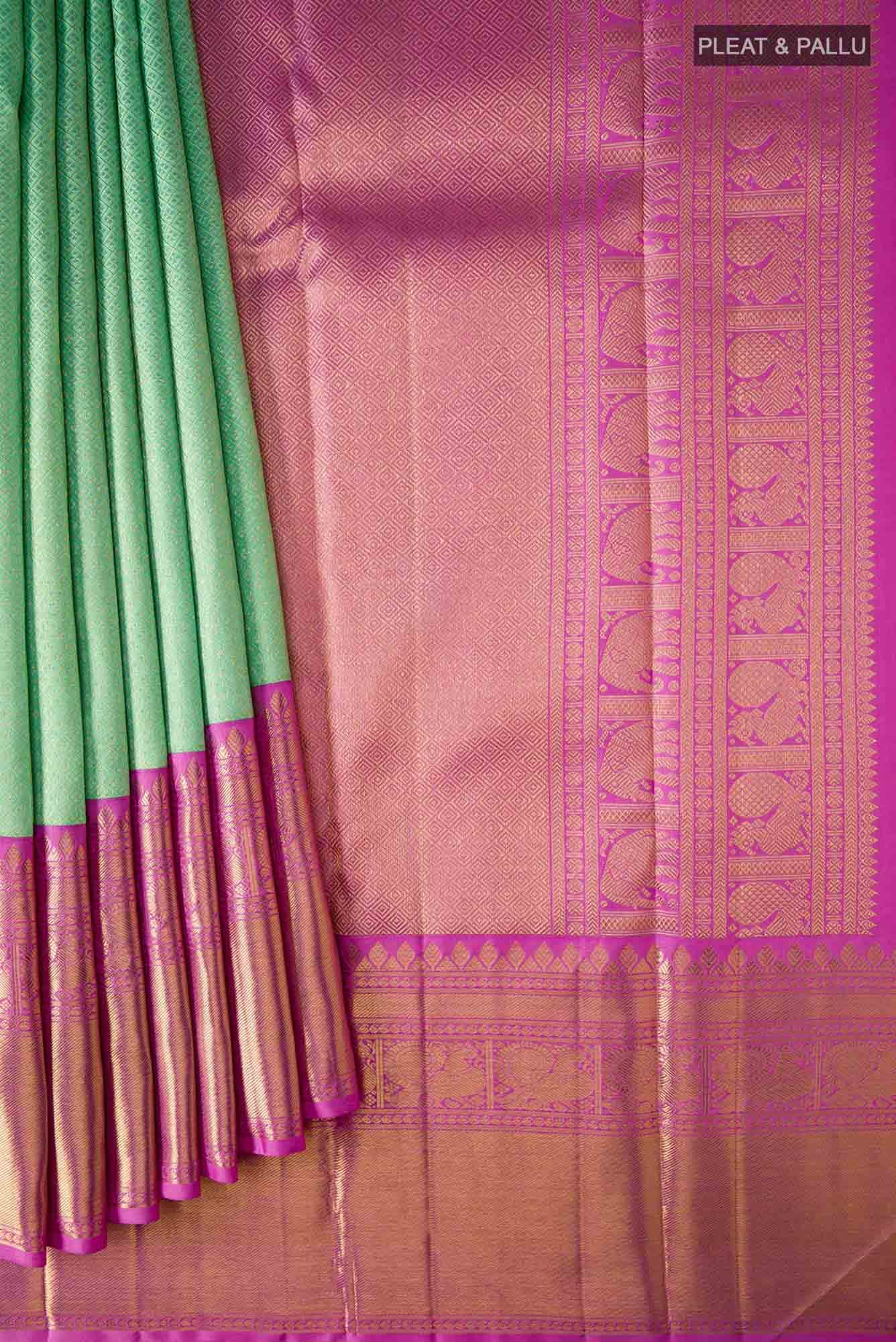 Pure Silk Pure Zari Sea Green Dual Tone Kanjivaram Saree - Image 2