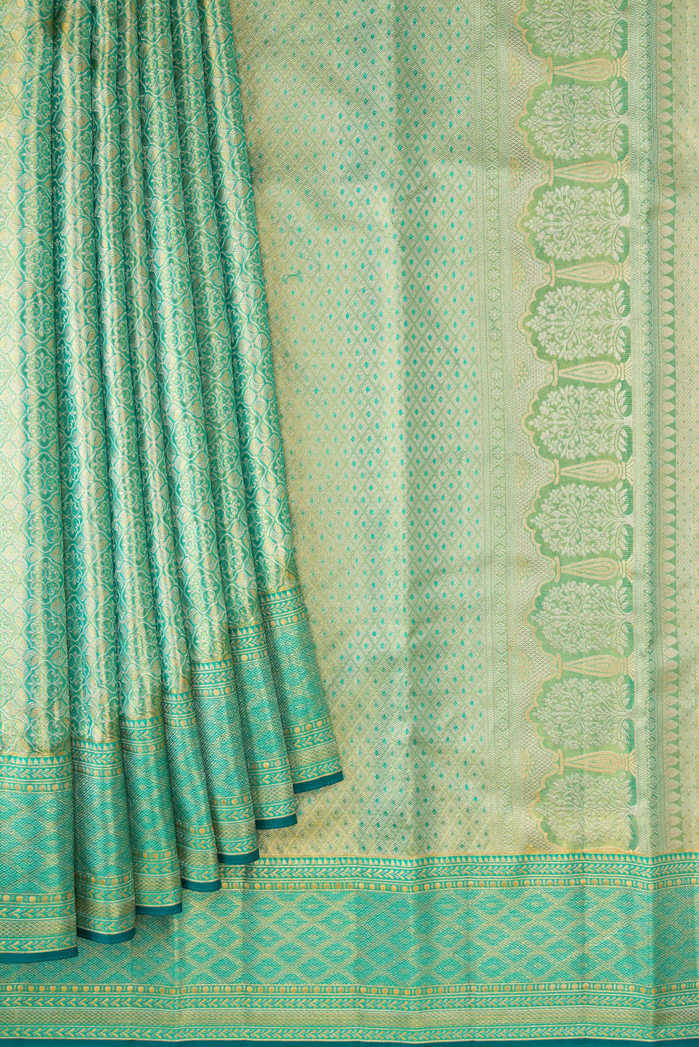 Sea Green Dual Tone Kanjivaram Tissue Silk Saree - Image 4