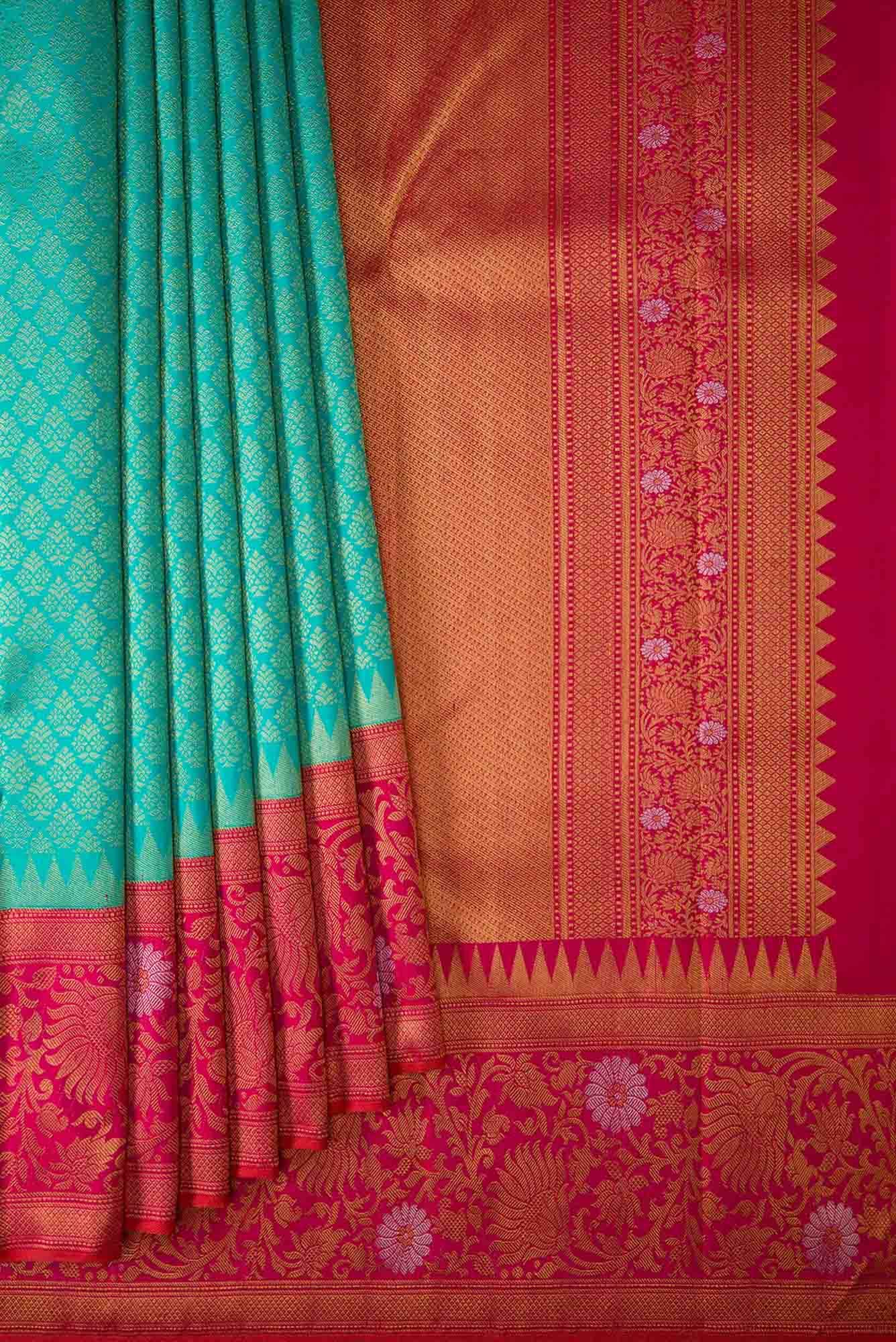 Pure Silk Pure Zari Sea Green Dual Tone Kanjivaram Saree - Image 2