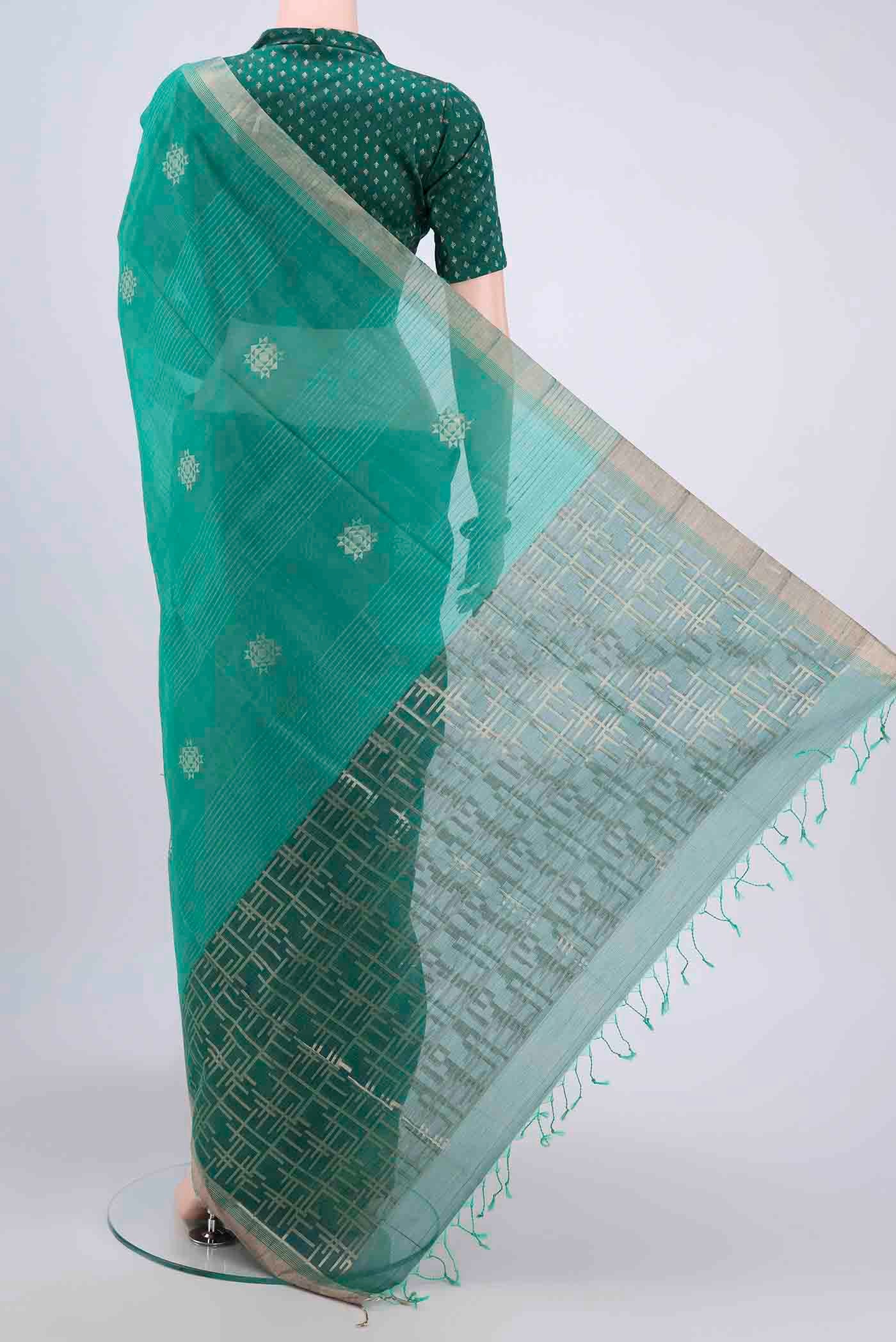 Teal Silk Cotton Saree - Image 3