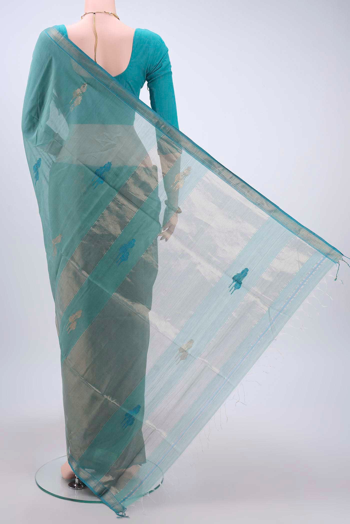 Blue Maheshwari Silk Cotton Saree - Image 3
