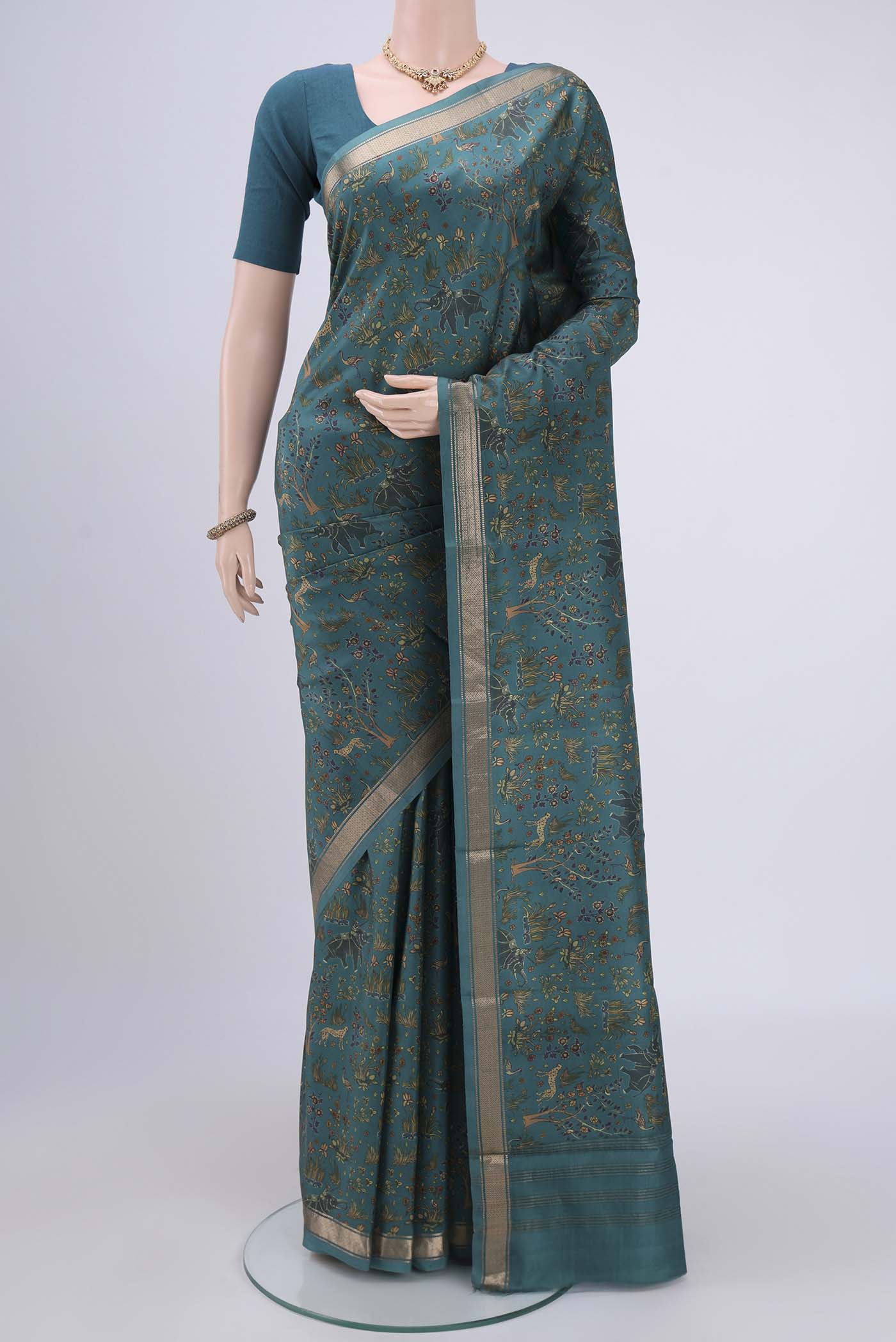 Blue Printed Silk Saree