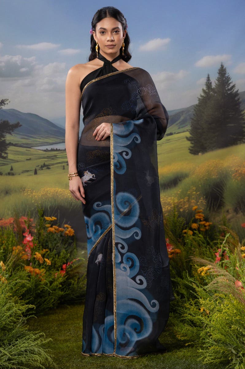 Sea of Tranquility-Dark Blue Pure Organza Silk Saree - Image 2