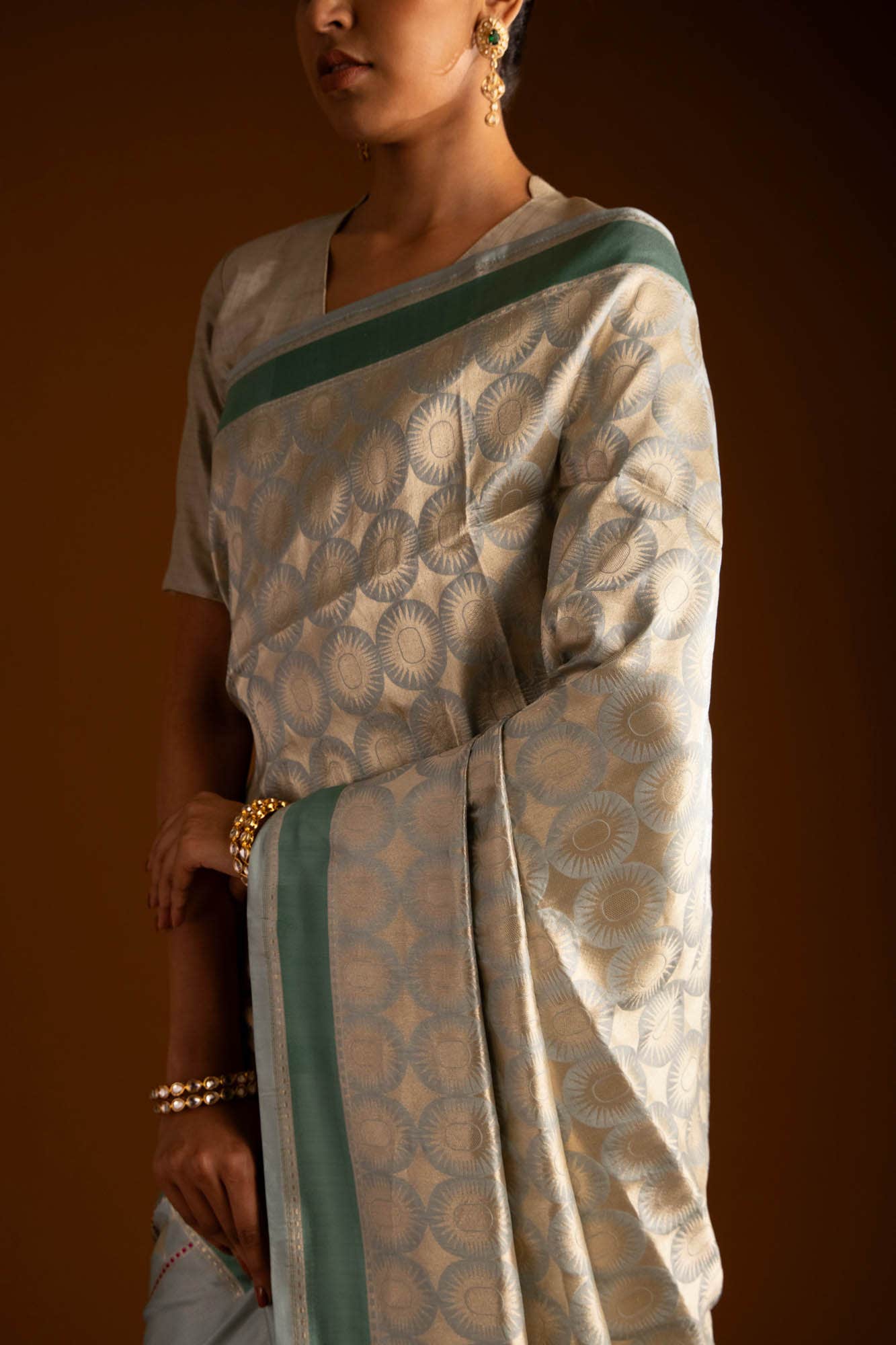Shimmer Soleil-Sage Green Banarasi Silk Saree - Image 3
