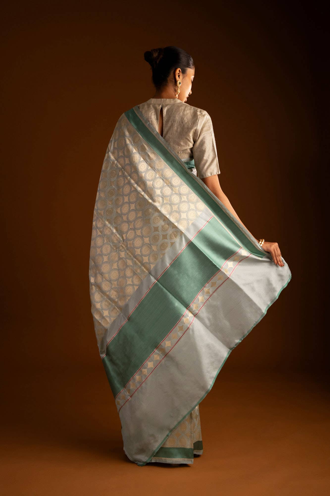 Shimmer Soleil-Sage Green Banarasi Silk Saree - Image 6