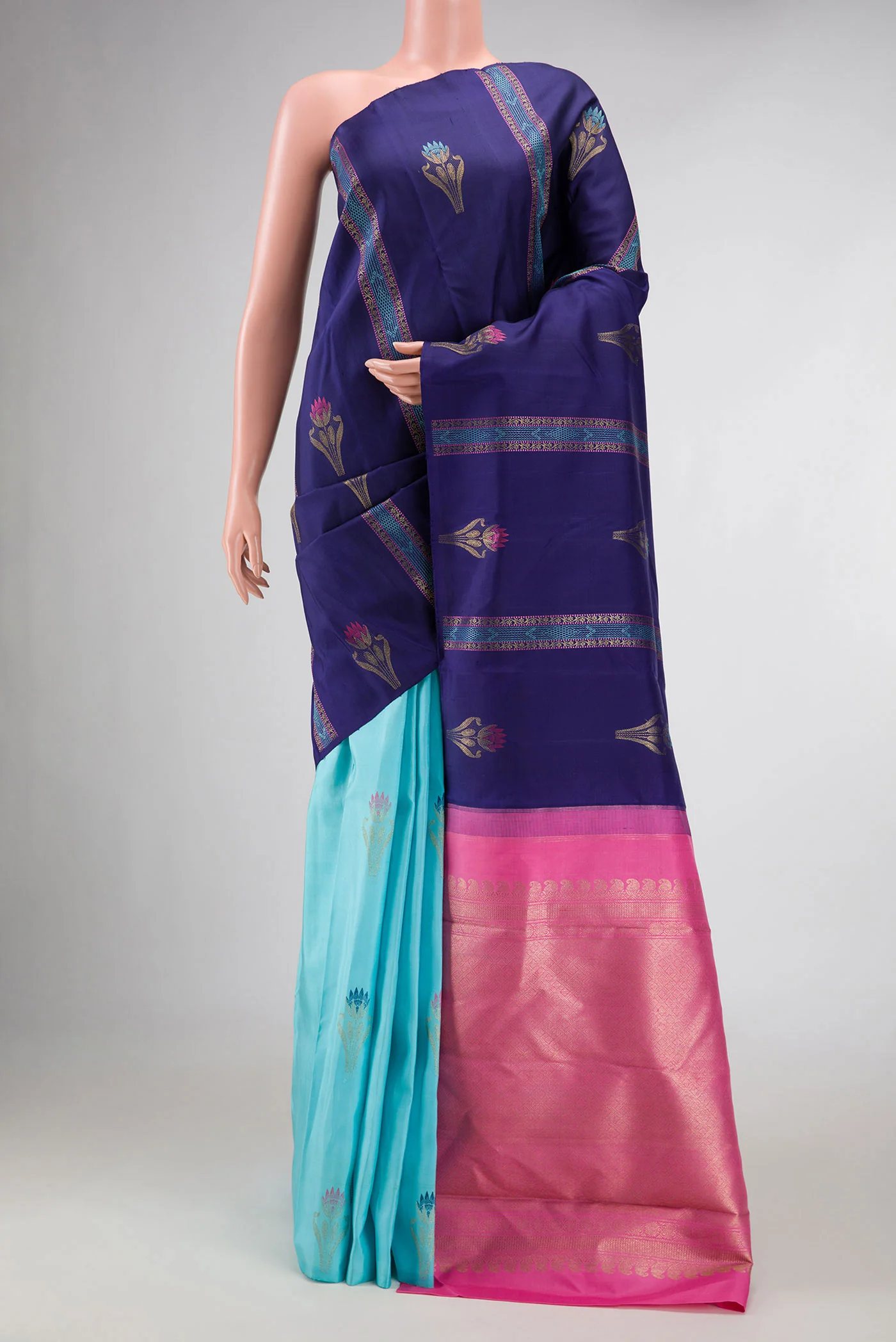 Sky Blue and Navy Blue Color Kanjivaram Silk Saree