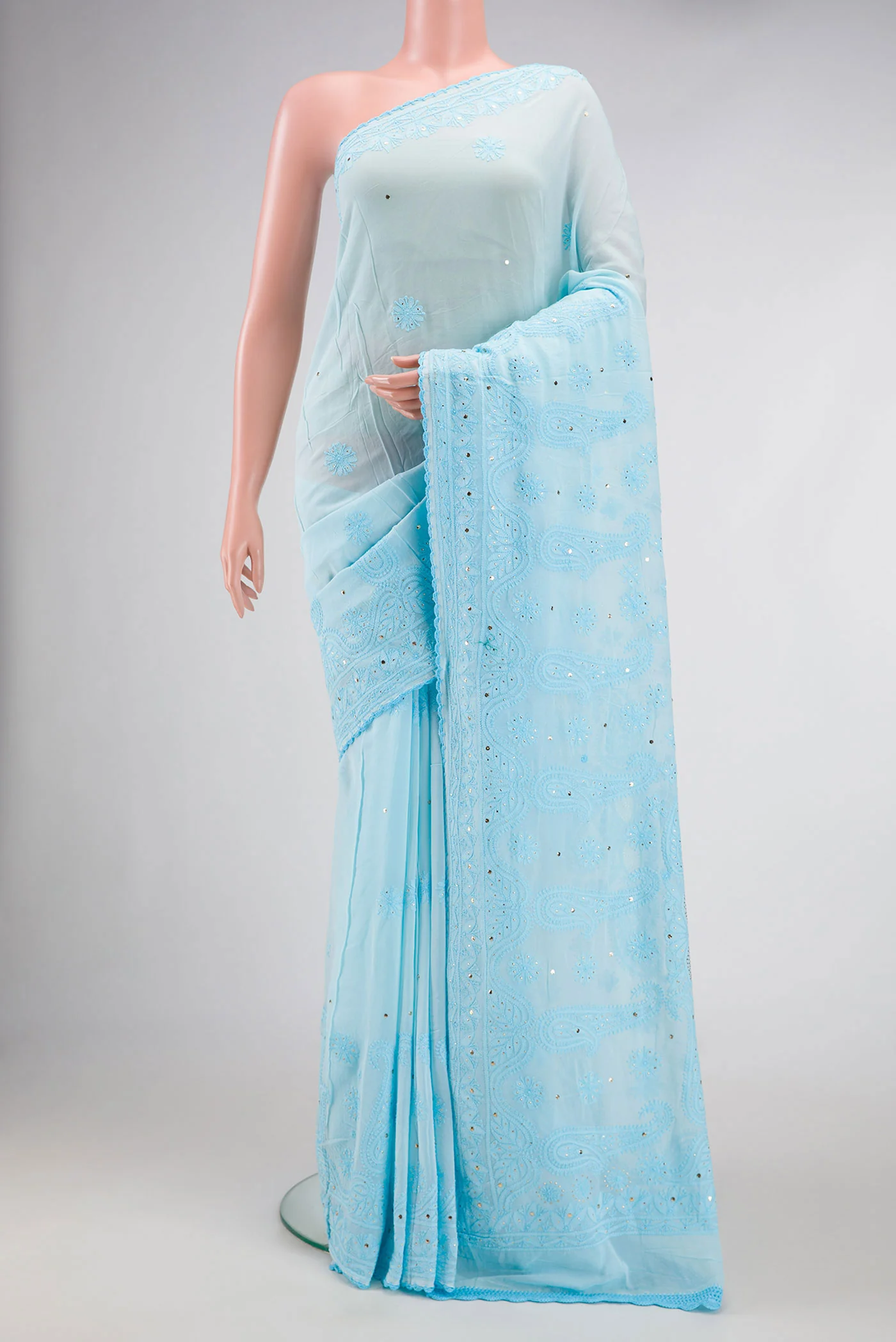 Sky Blue Chikankari Georgette Saree