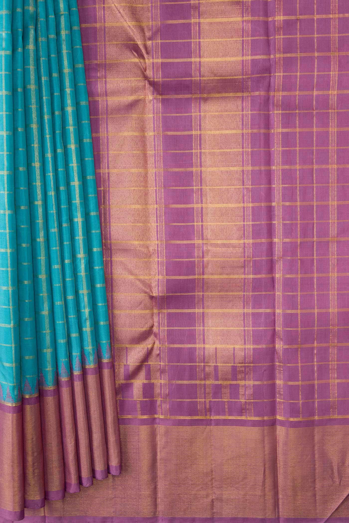 Pure Silk Pure Zari Sky Blue Dual Tone Kanjivaram Saree - Image 2