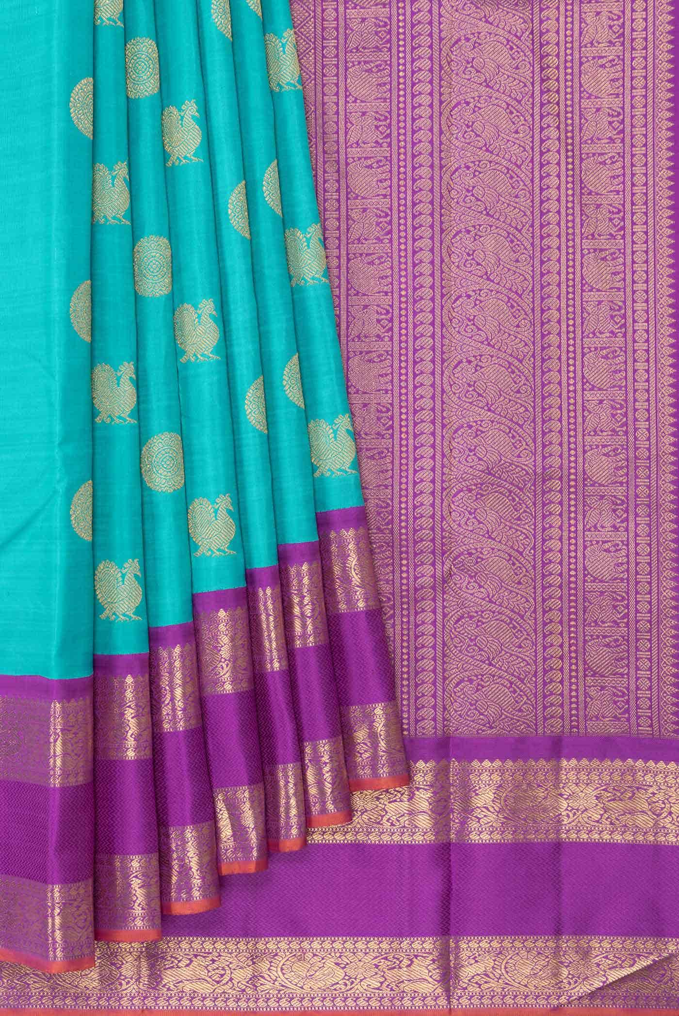 Pure Silk Pure Zari Sky Blue Dual Tone Kanchipuram Saree - Image 2