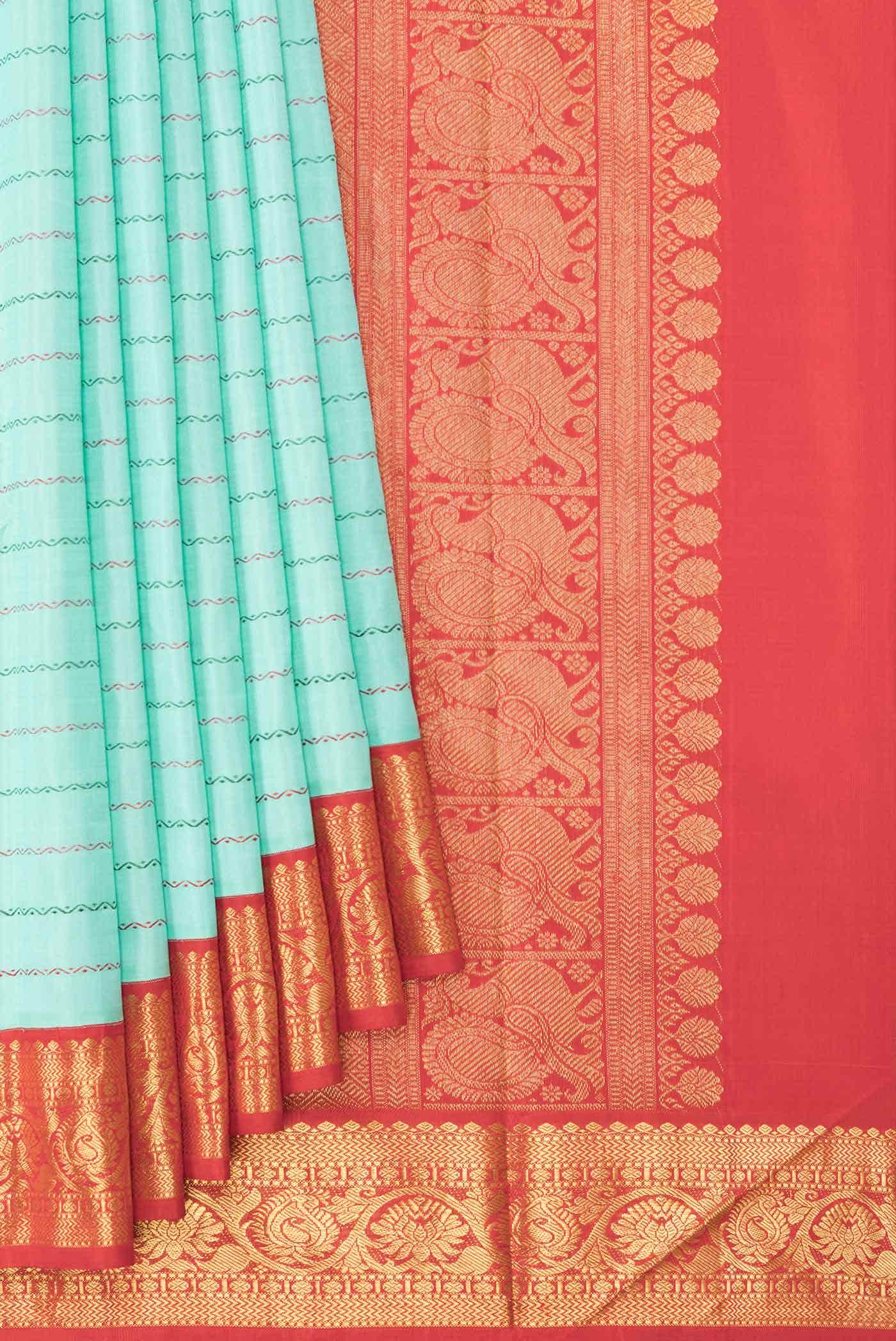 Pure Silk Pure Zari Sky Blue Dual Tone Kanjivaram Saree - Image 2