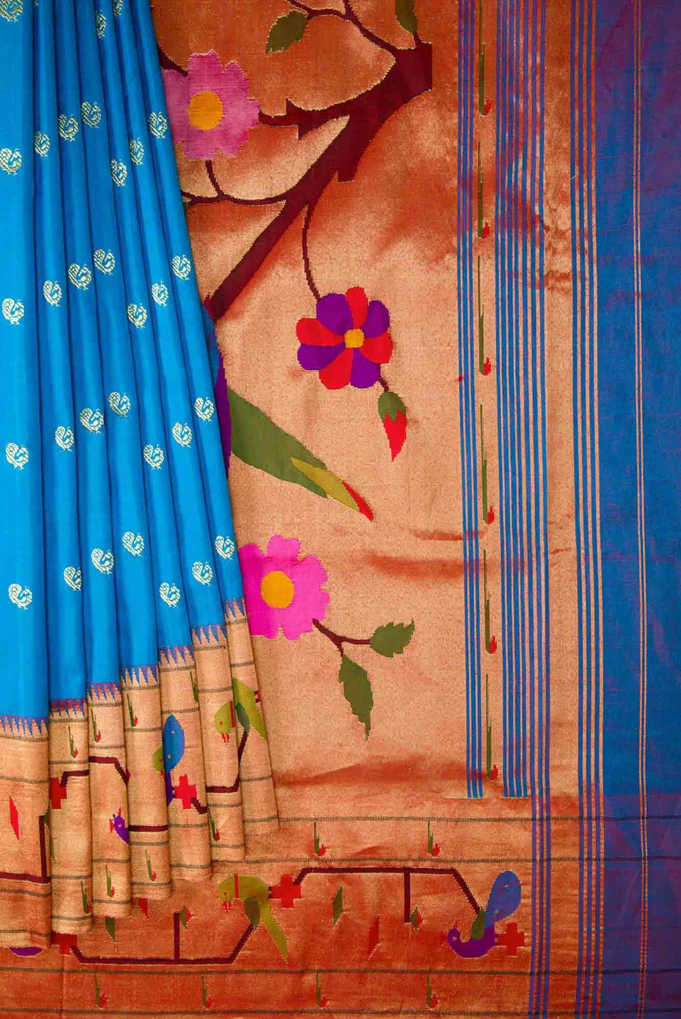 Sky Blue Dual Tone Paithani Silk Saree - Image 2