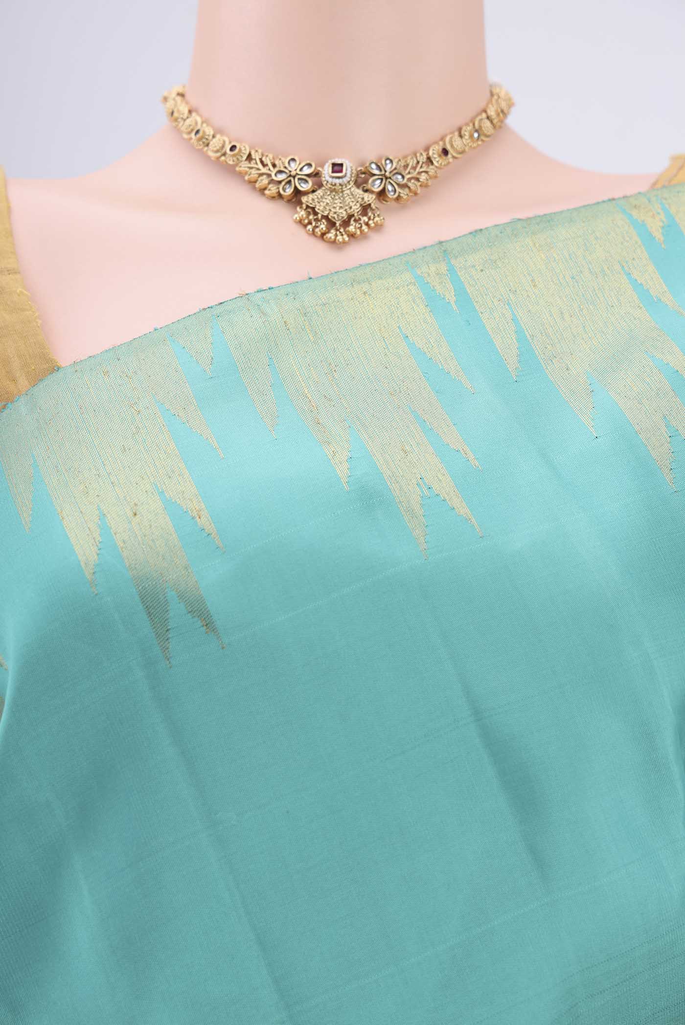 Pure Silk Pure Zari Sky Blue Kanchipuram Saree - Image 2