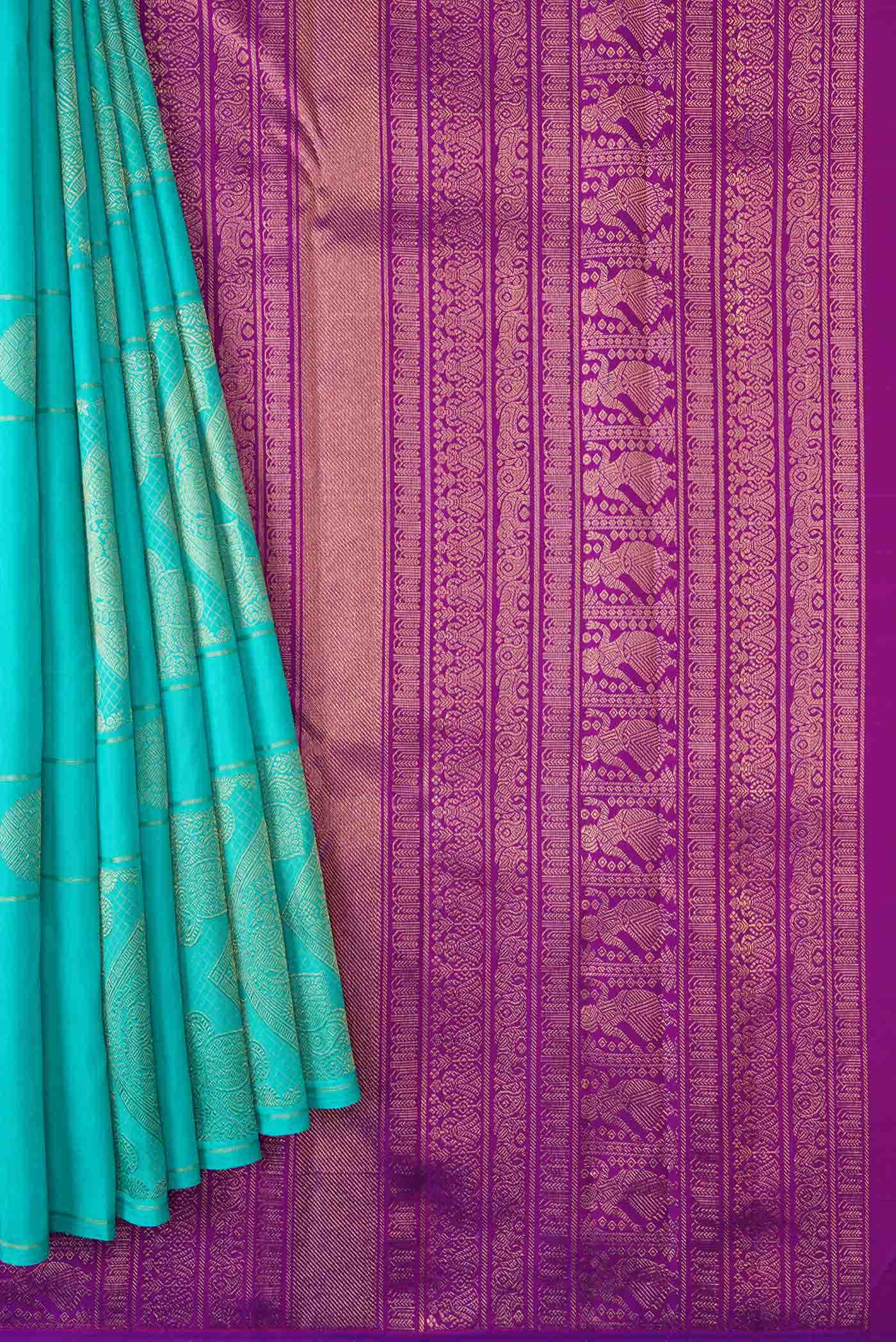 Pure Silk Pure Zari Sky Blue Kanchipuram Saree - Image 2