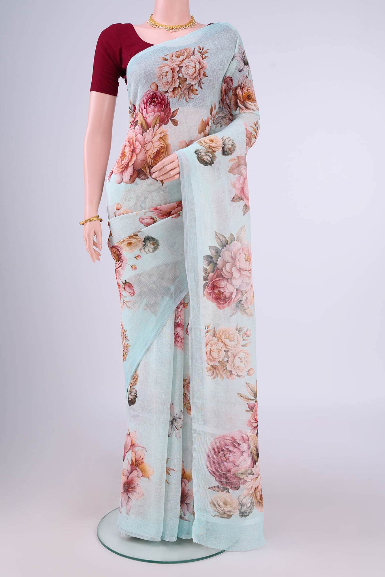 Sky Blue Linen Cotton Saree
