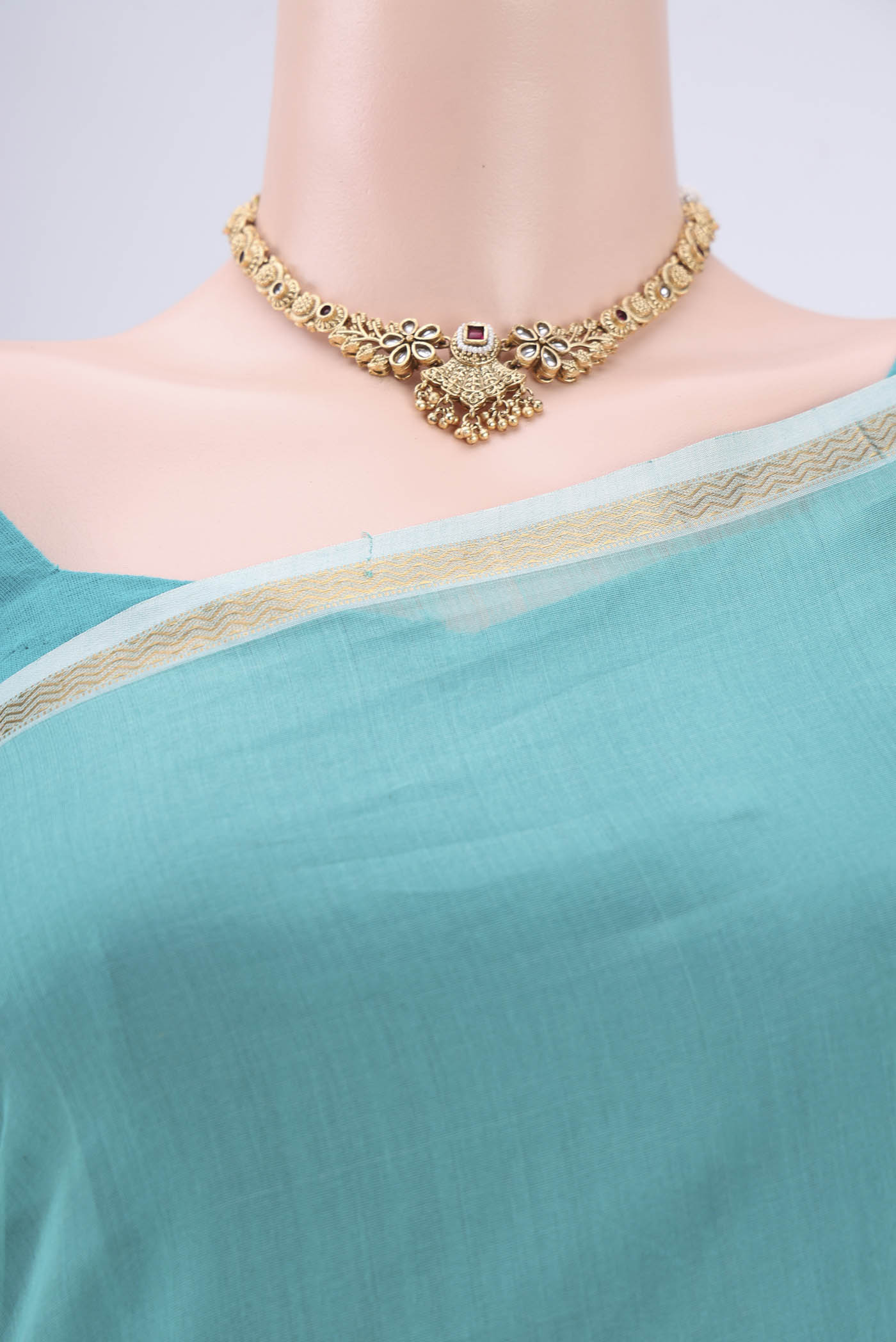 Sky Blue Maheshwari Silk Cotton Saree - Image 2