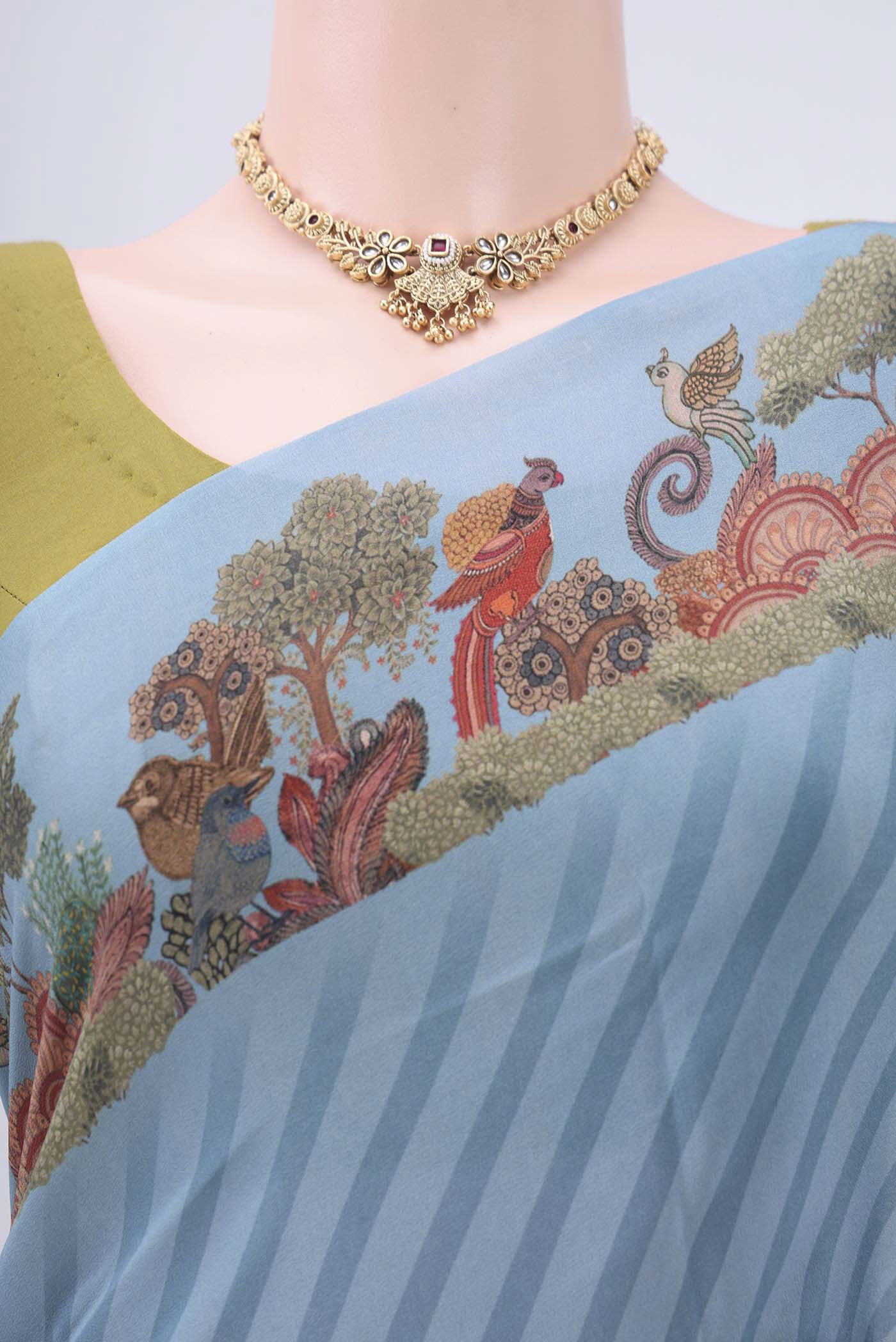 Sky Blue Mysore Crepe Saree - Image 2