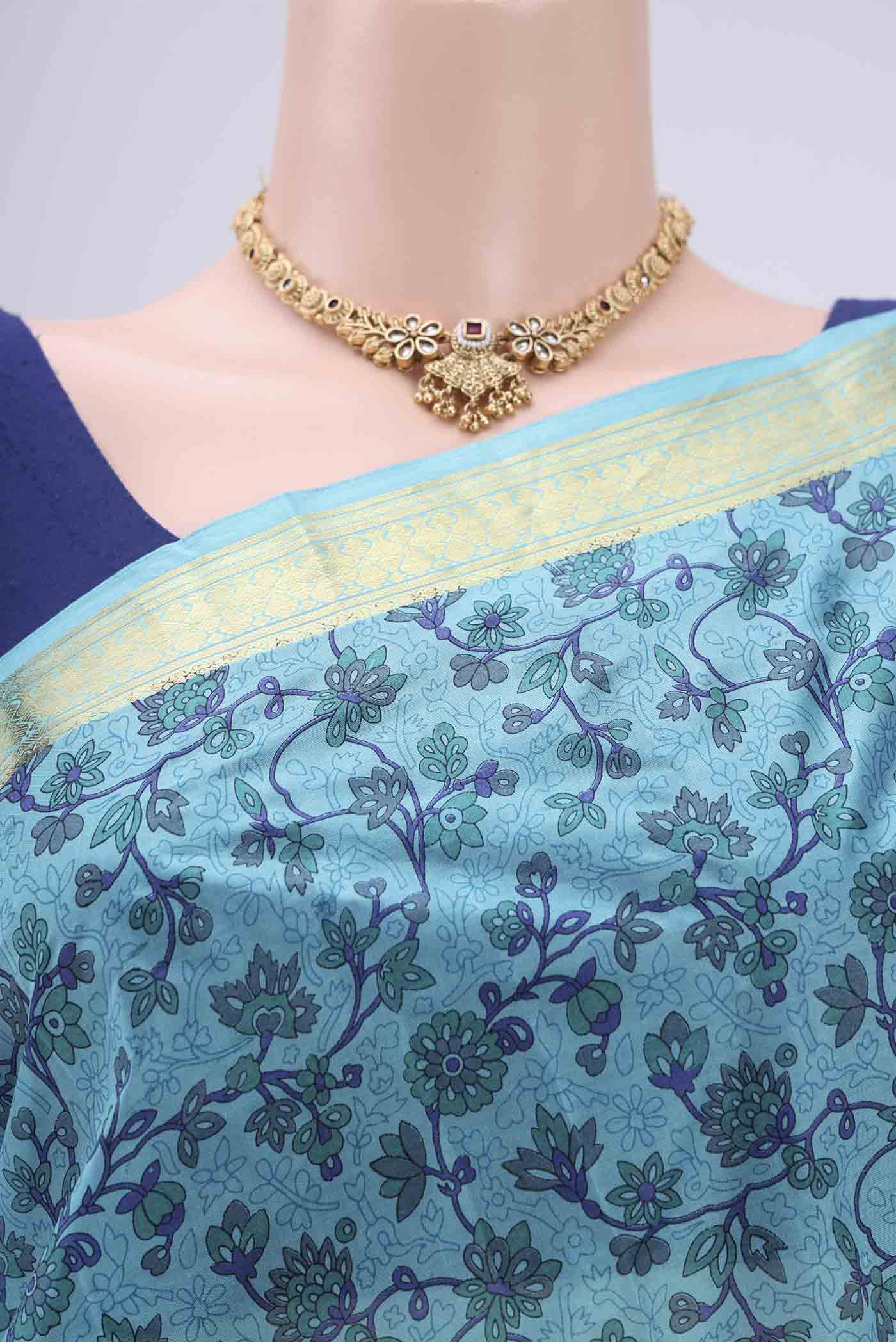 Sky Blue Printed Silk Saree - Image 2